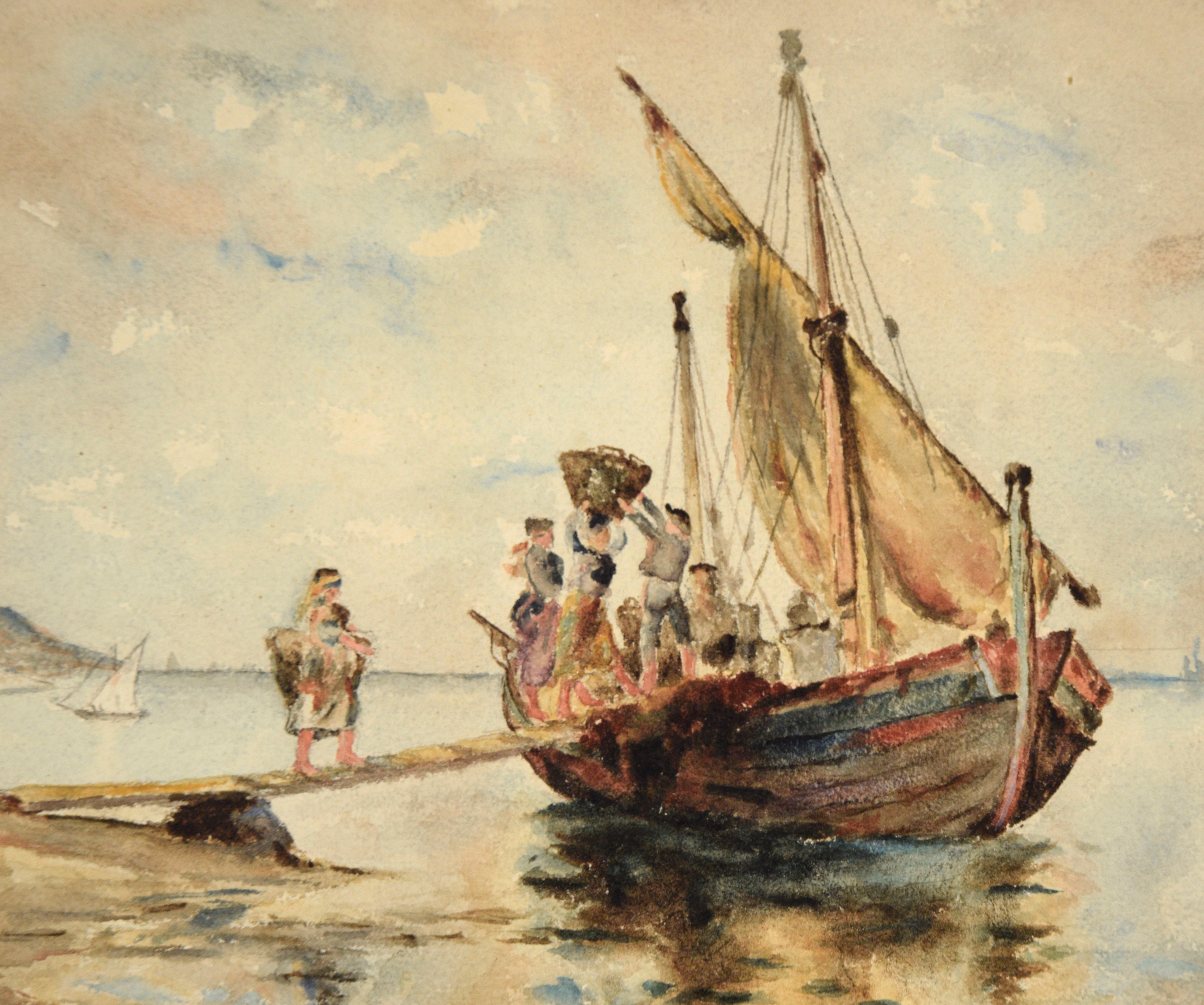 French Coastal Scene in Brittany with a merchant ship onloading fish and people by an unknown artist. A sailing vessel is anchored at a beach. A ramp extends from the ship yo to the shore, and people are loading baskets of goods. In the background,