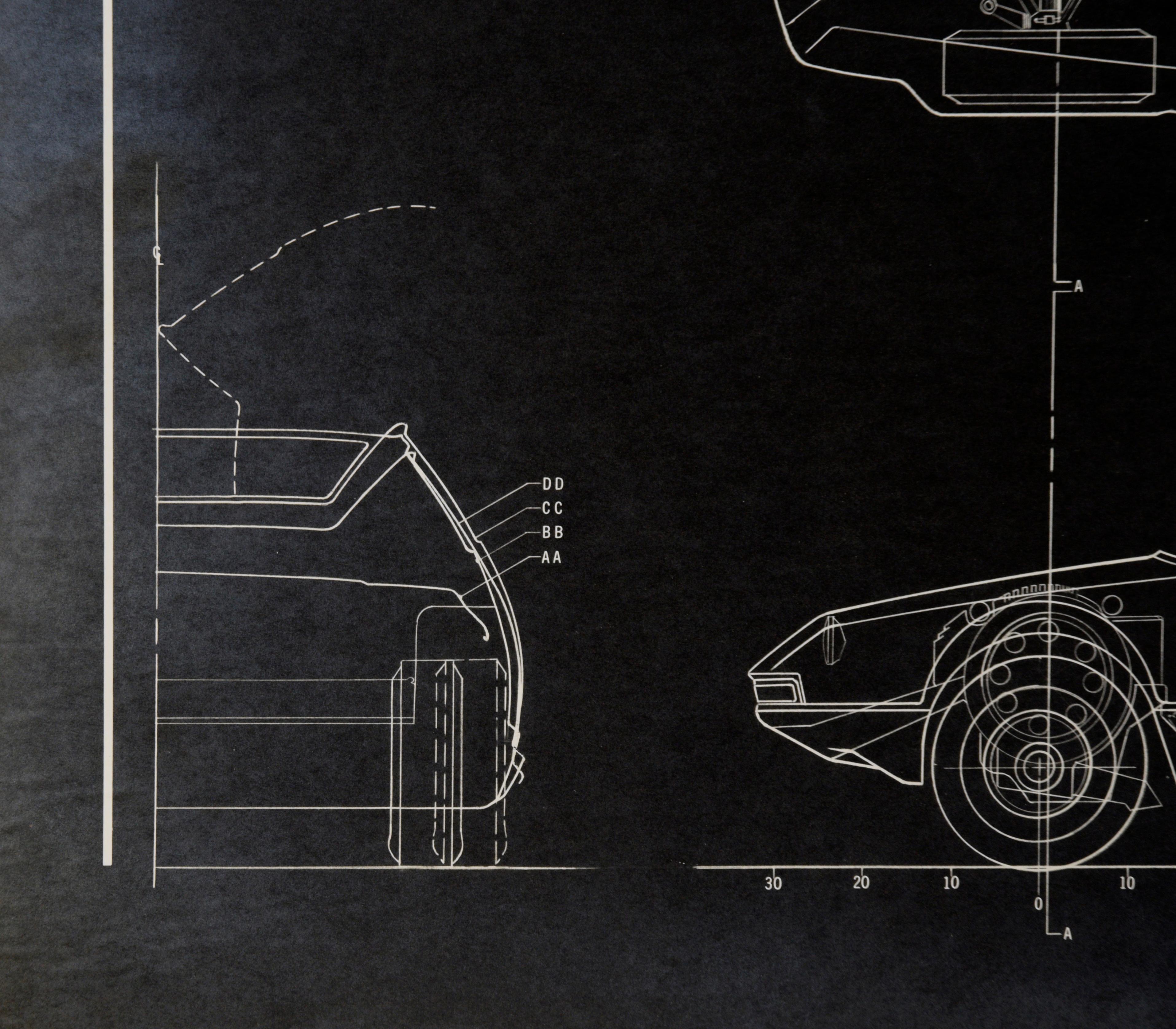 Design-quality blueprint of a concept vehicle by Edward T. Liljenwall (American, 1943-2010). Top and side views are highlighted, with a partial rear view to the left hand side. The vehicle is shown as having space for a person to lay down in the