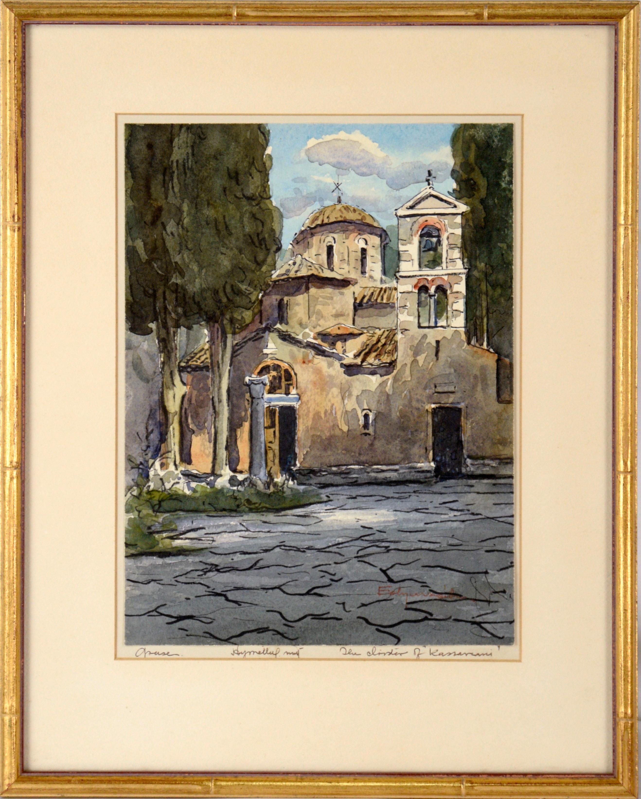 Unknown Landscape Art - Cloister of Moni Dafniou (Daphni Monastery) - Watercolor on Paper