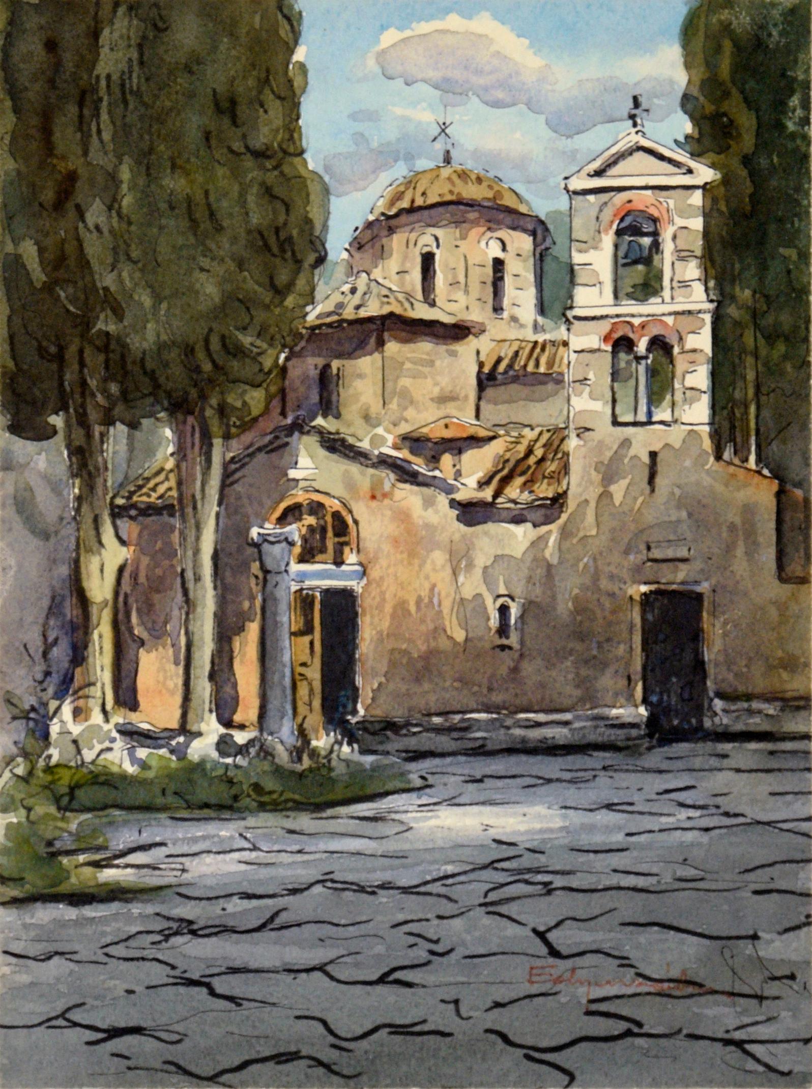 Cloister of Moni Dafniou (Daphni Monastery) - Watercolor on Paper - Art by Unknown