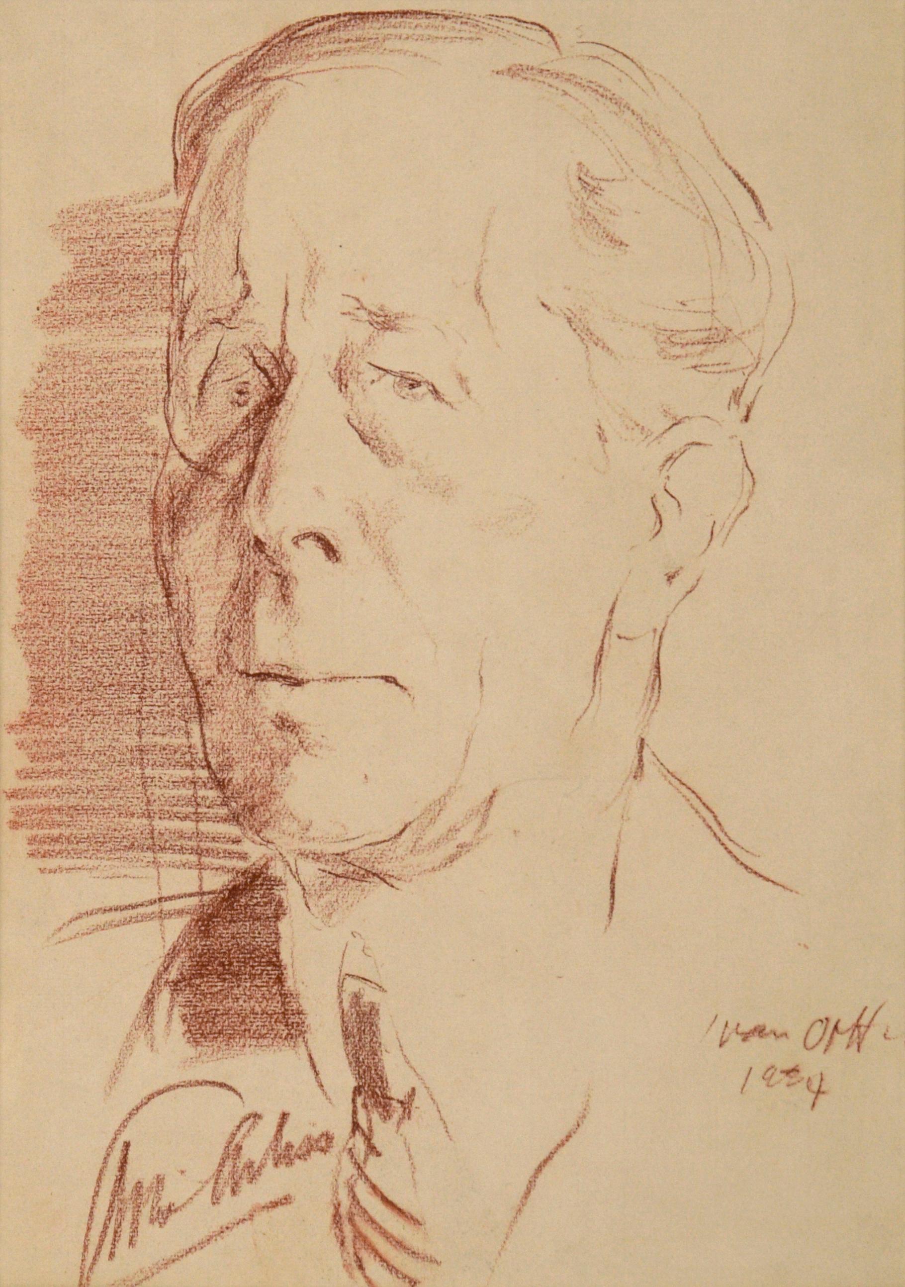 Portrait de George Arliss au crayon de Conte sur carton 1934 - Impressionnisme américain Art par Ivan Opffer