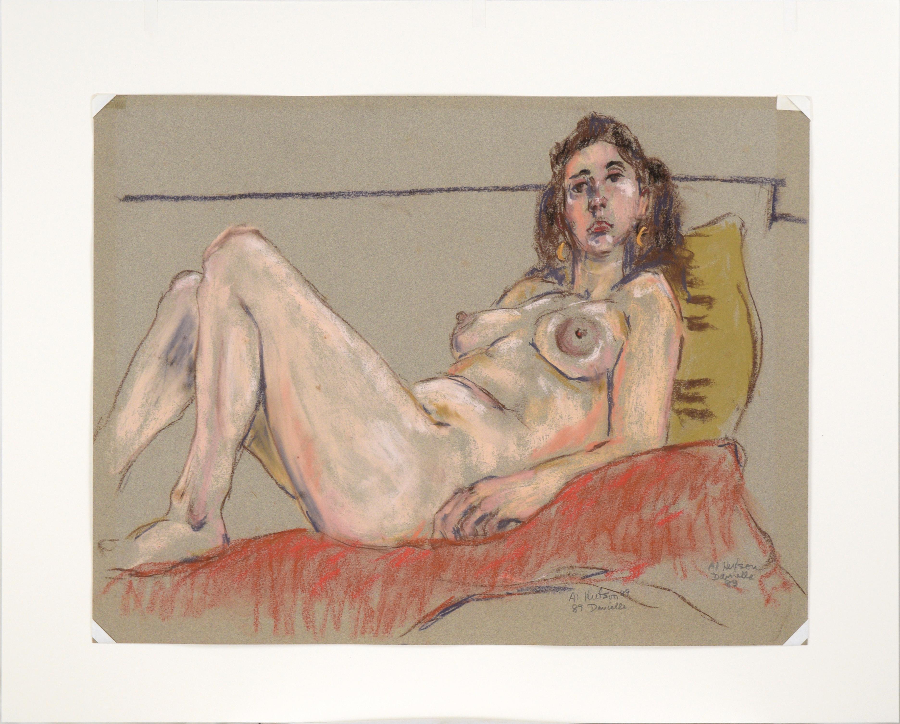 Bold nude pastel drawing by Albert Hutson (American, 1923-1994). A woman is reclined on a soft red surface, leaning up against a yellow pillow. The model is skillfully sketched, with quick but confident marks. Hutson has captured the character of
