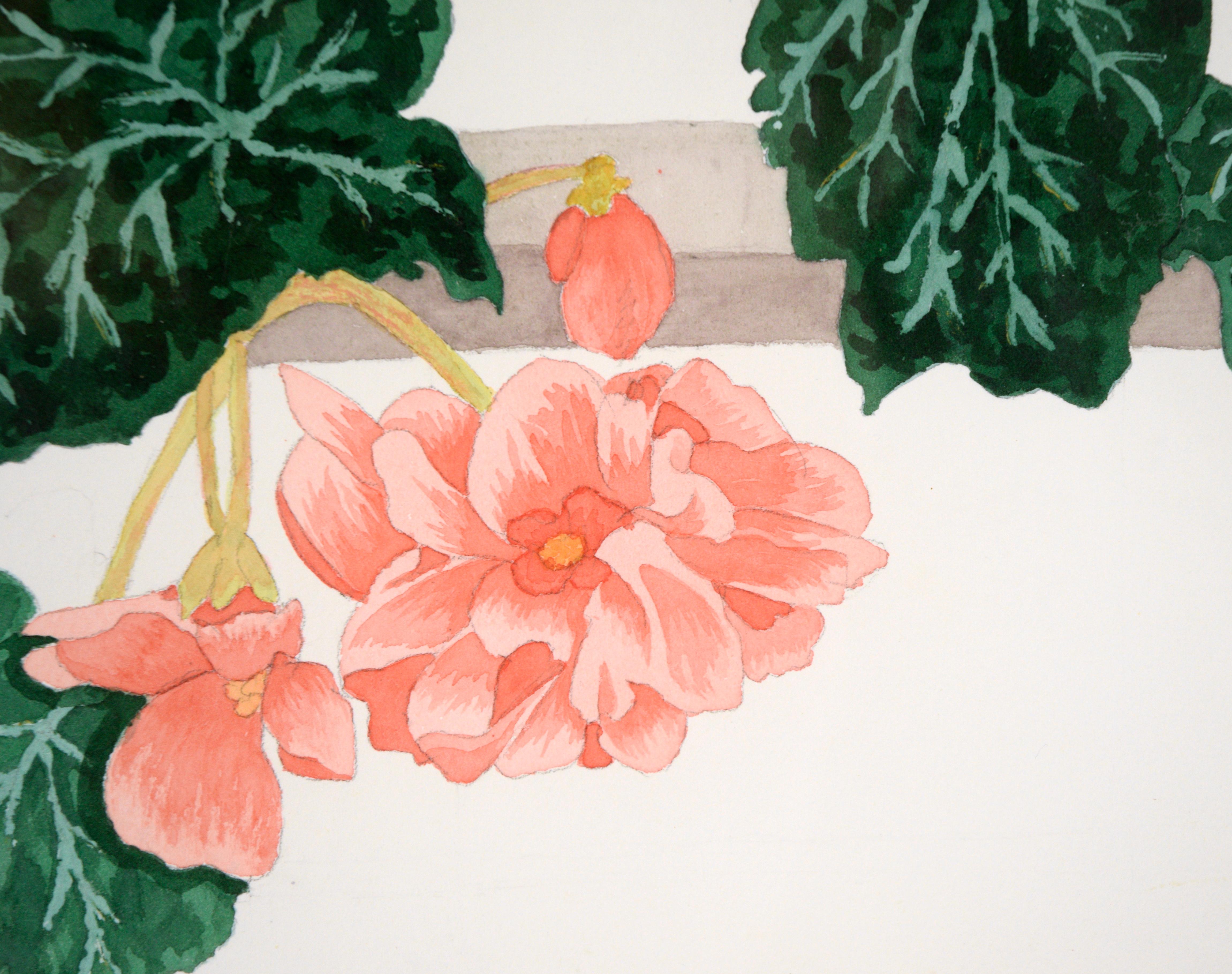 Pink Begonias - Floral Study in Watercolor on Heavy Paper - Beige Still-Life by Barbara Gibson