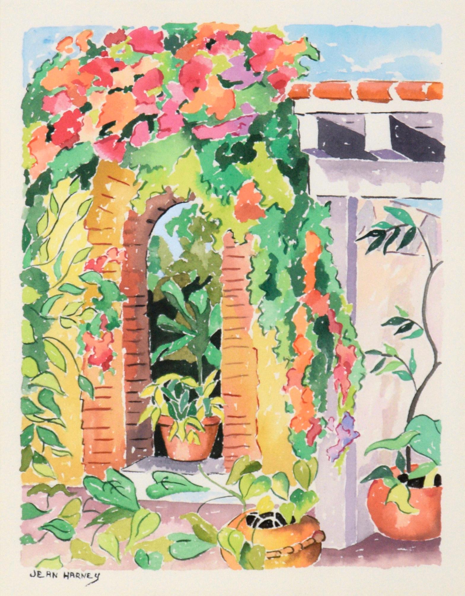 Patio in Bloom – Aquarell auf schwerem Papier – Art von Jean Harney