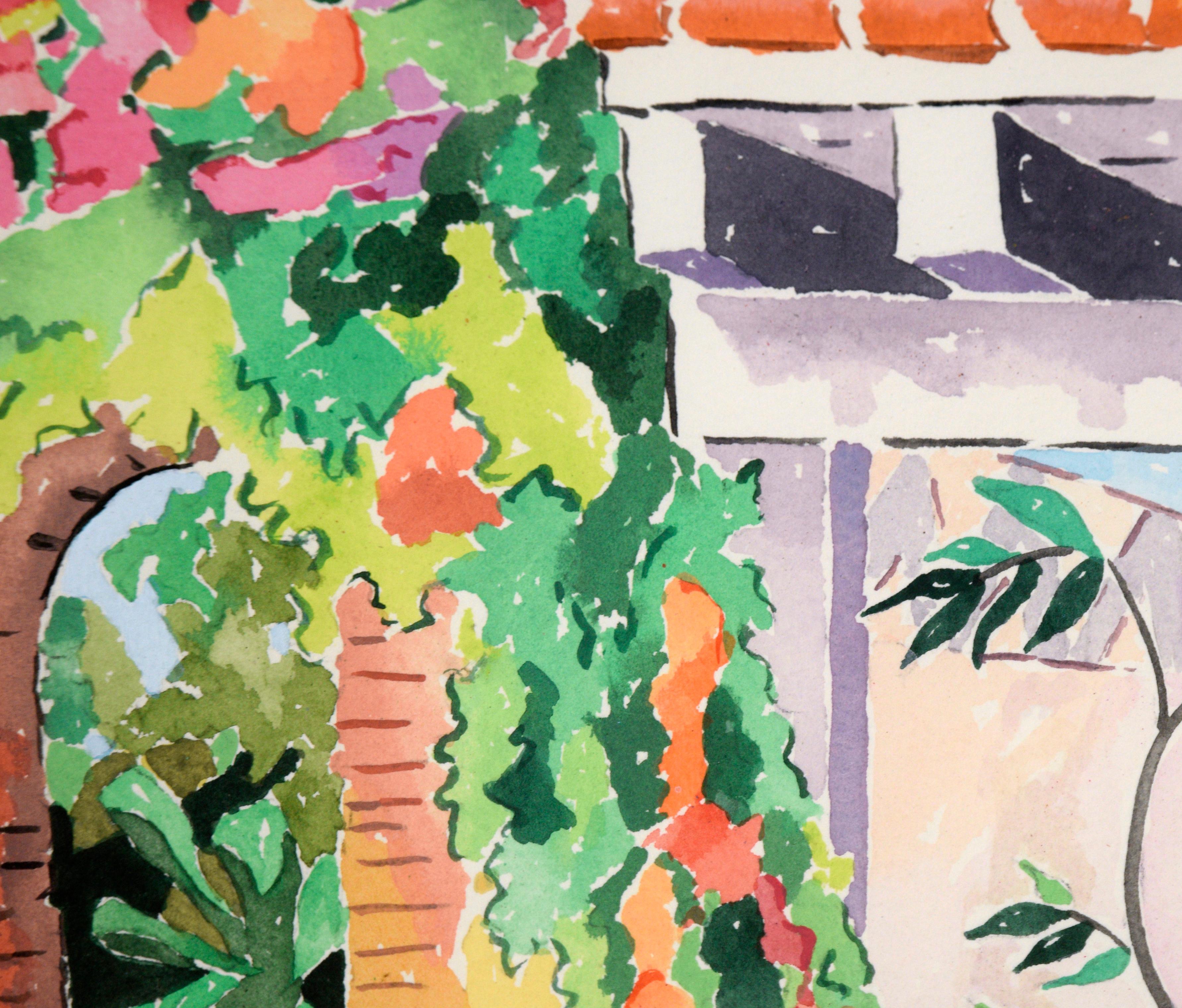 Patio in Bloom - Watercolor on Heavy Paper - Beige Landscape Art by Jean Harney