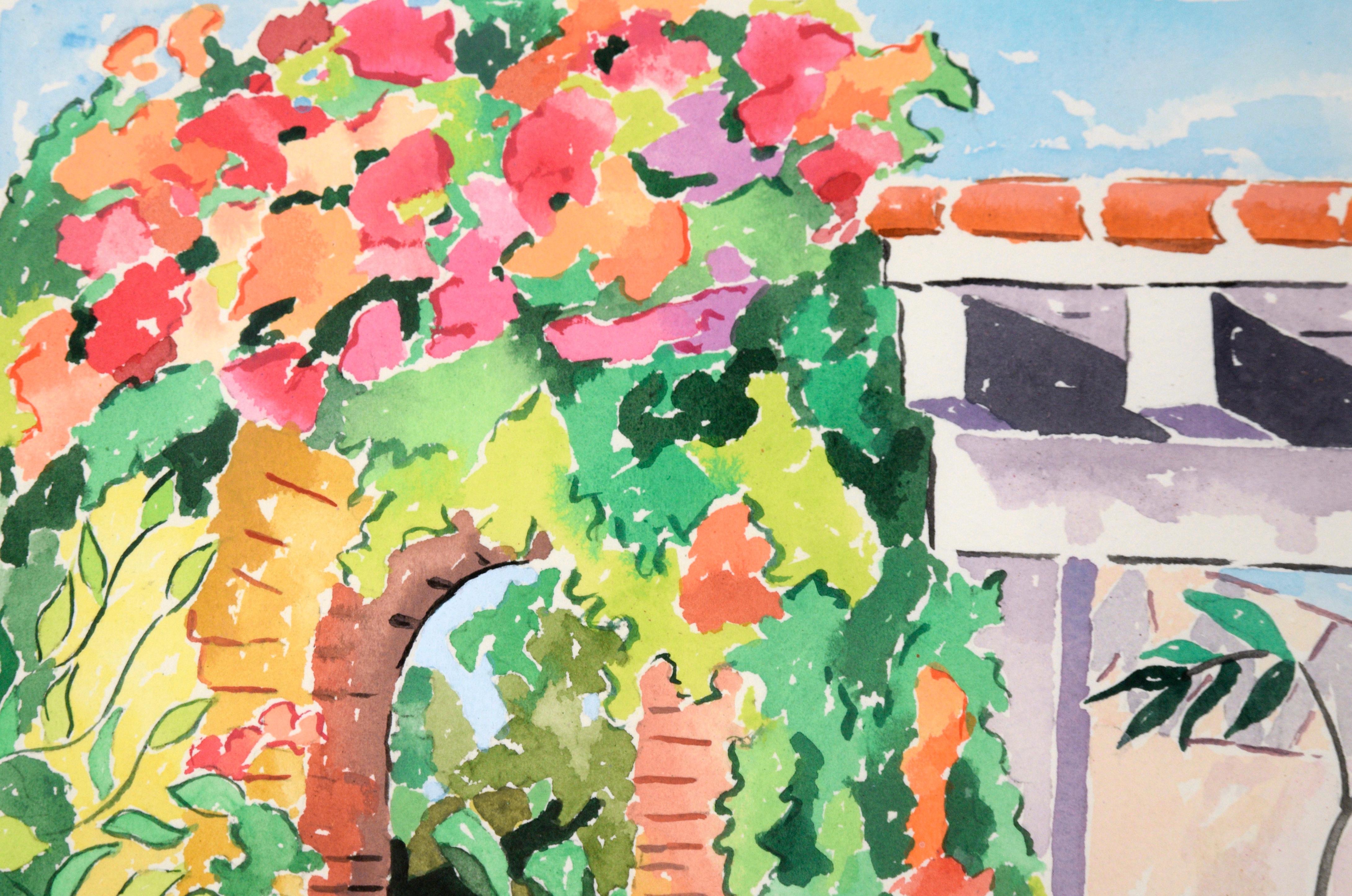 Patio in Bloom - Watercolor on Heavy Paper - Contemporary Art by Jean Harney