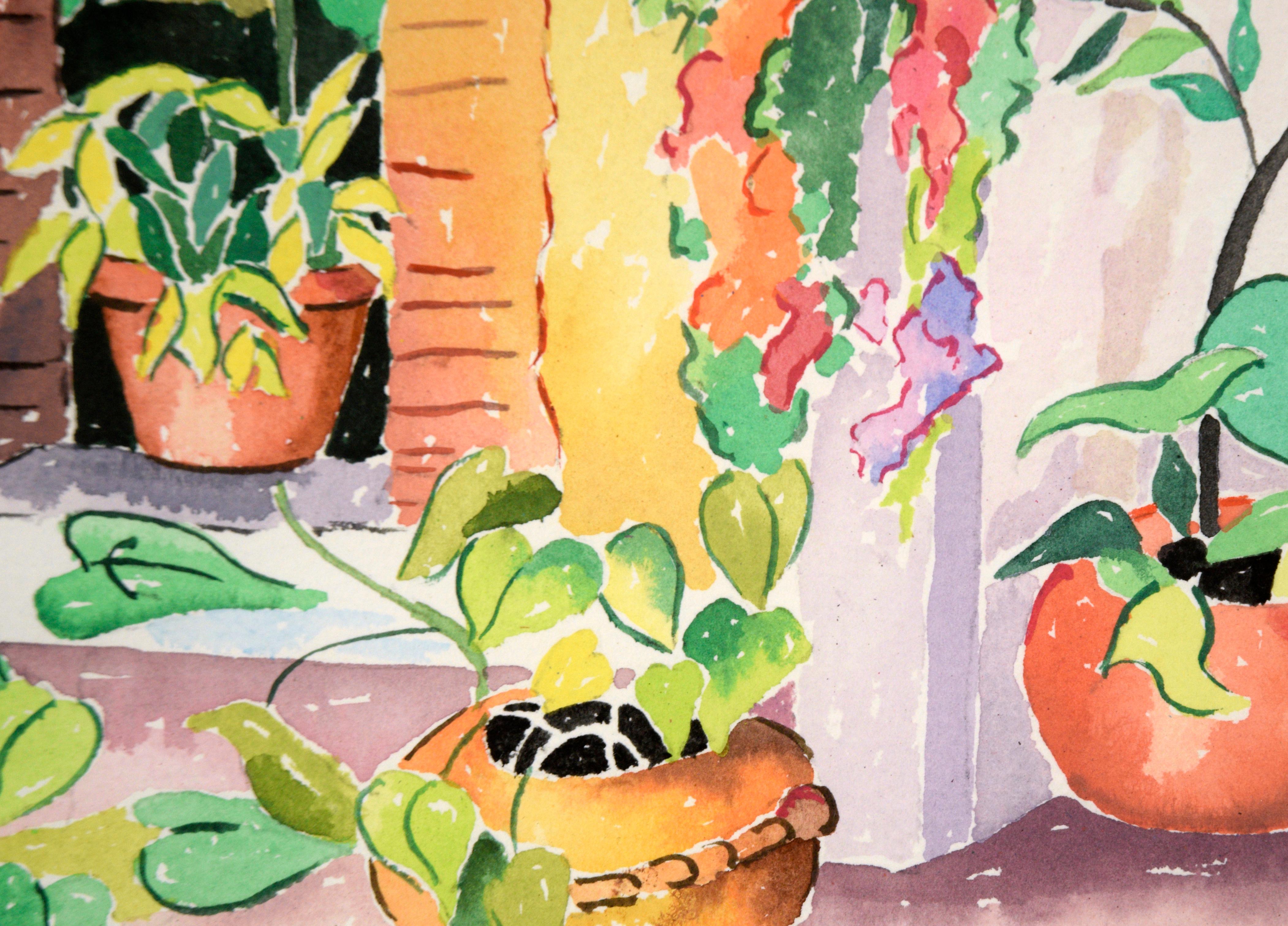 Patio in Bloom - Watercolor on Heavy Paper For Sale 1