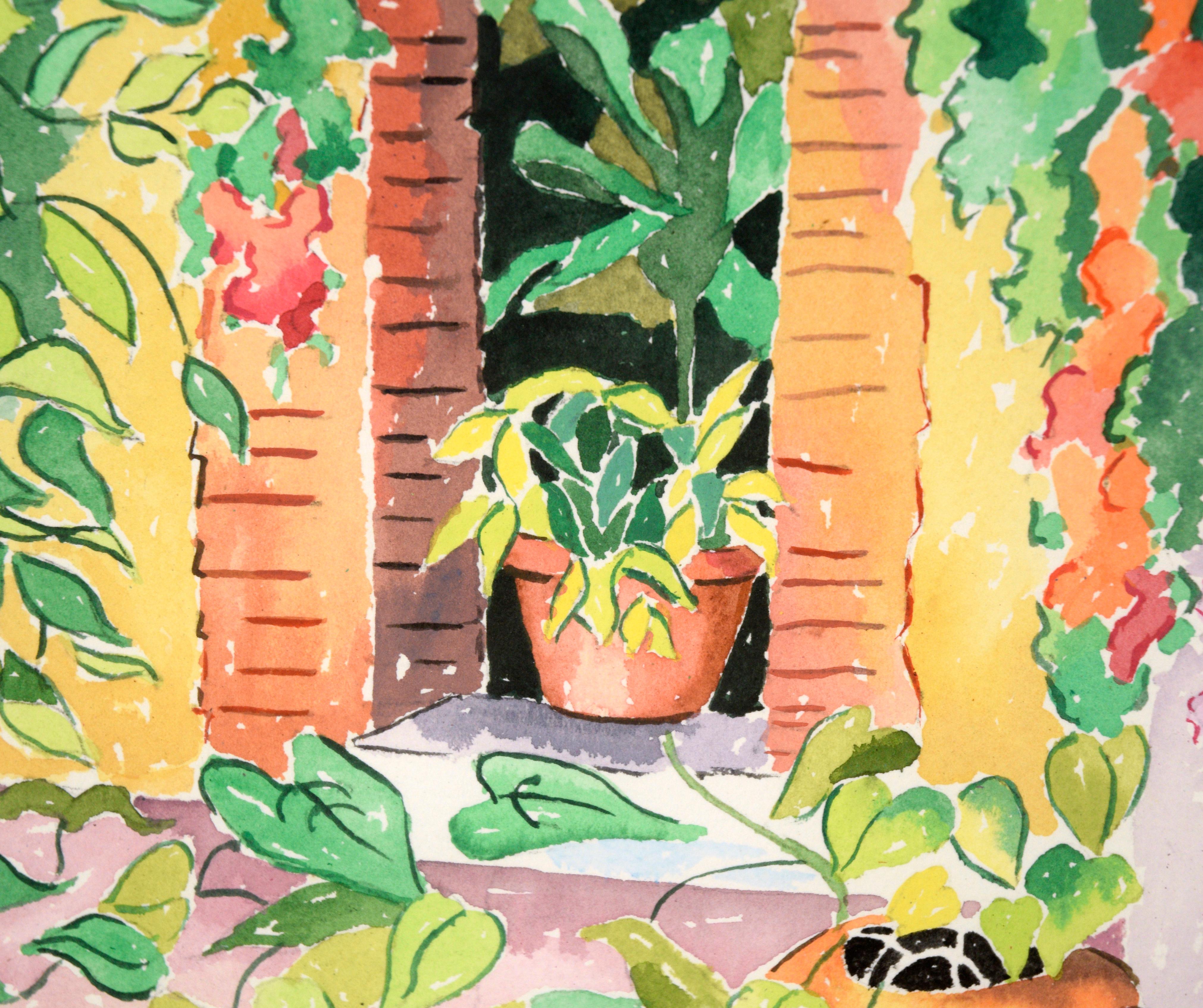 Bright floral landscape by Jean Harney (American, 20th Century). An interior courtyard is full of plants and flowers in bloom. There is a lush vine climbing over an archway, with blossoms in shades of pink and orange. Several other potted plants are