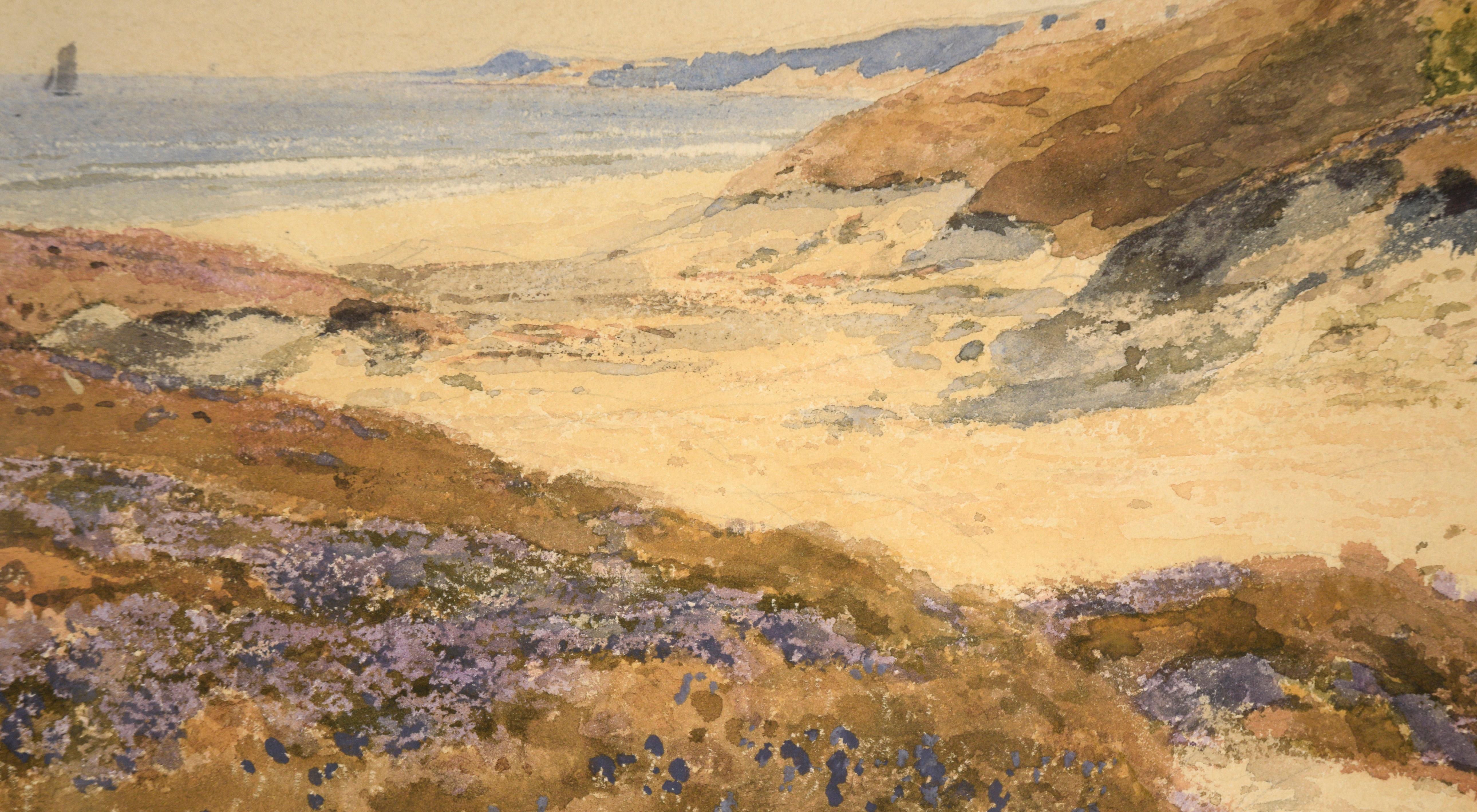 Detailed watercolor by German artist Julius Theophil Wentscher (The Elder) (Germany, 1842-1910). Baltic Sea coast near Warnicken, Konigsberg, East Prussia, Germany. The scene is reminiscent of Monterey Bay at the turn of the century with Lupines and