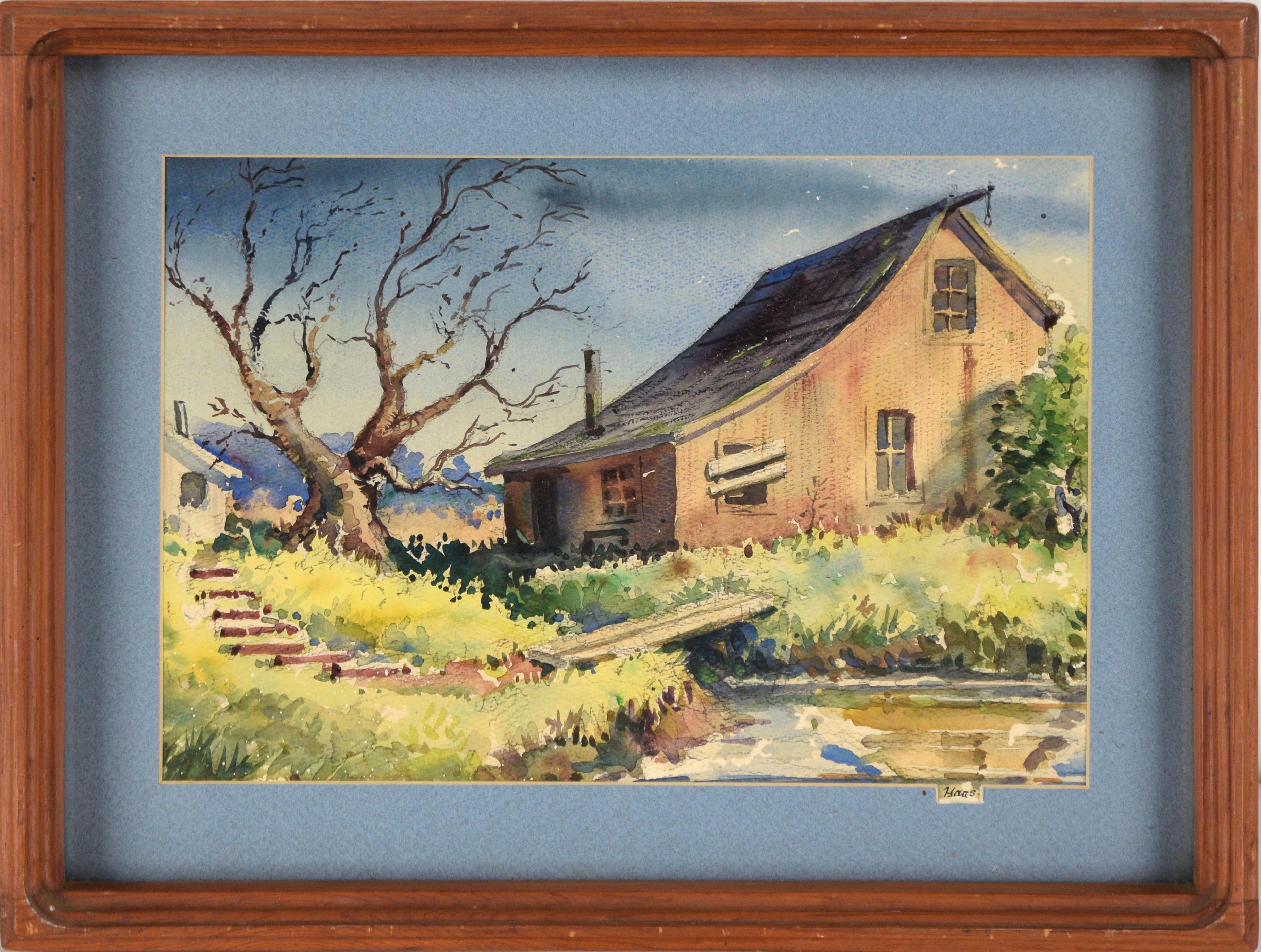 Landscape Art Edwin Haas - The Old Barn - Paysage de ferme à l'aquarelle sur papier