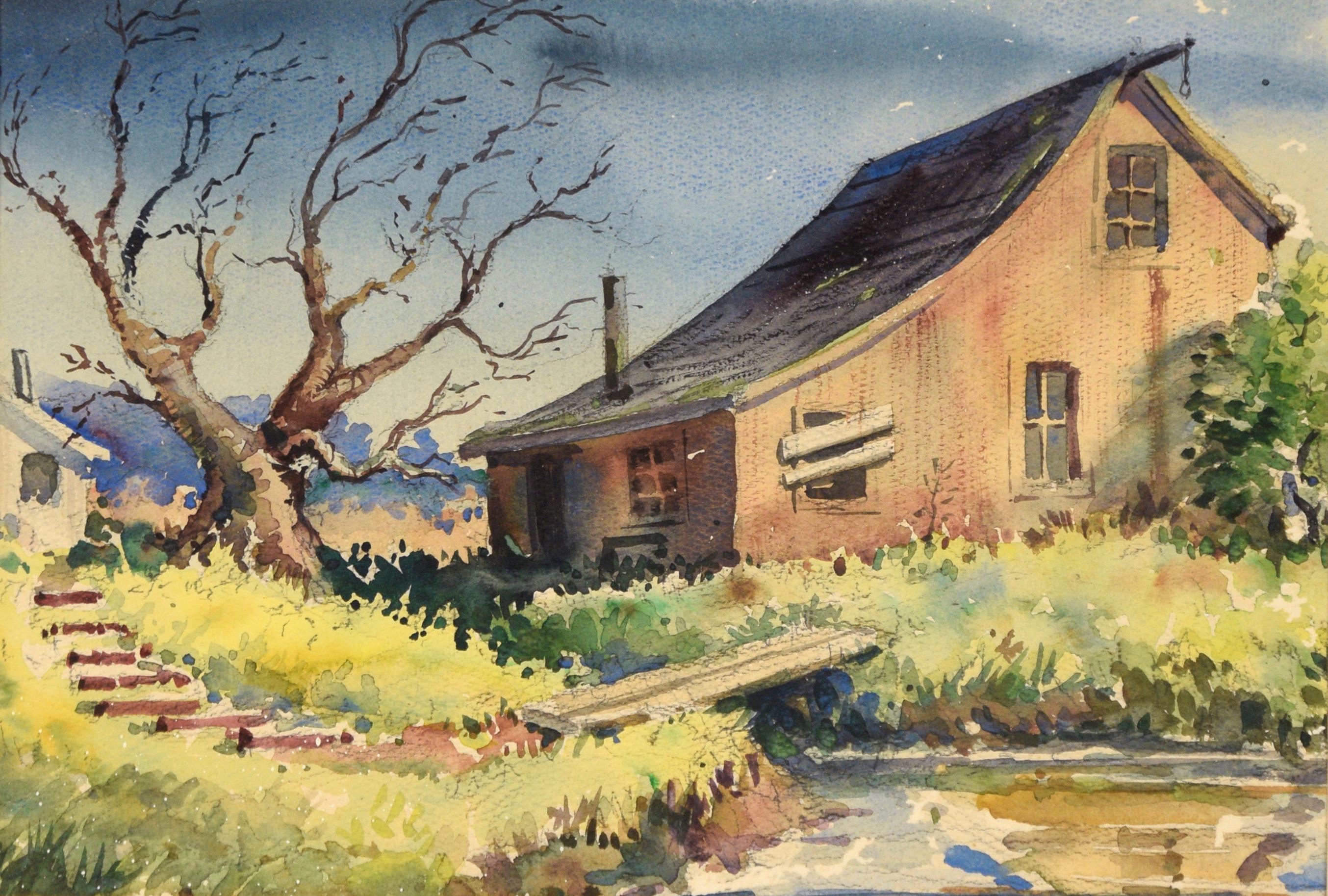 The Old Barn - Paysage de ferme à l'aquarelle sur papier - Art de Edwin Haas