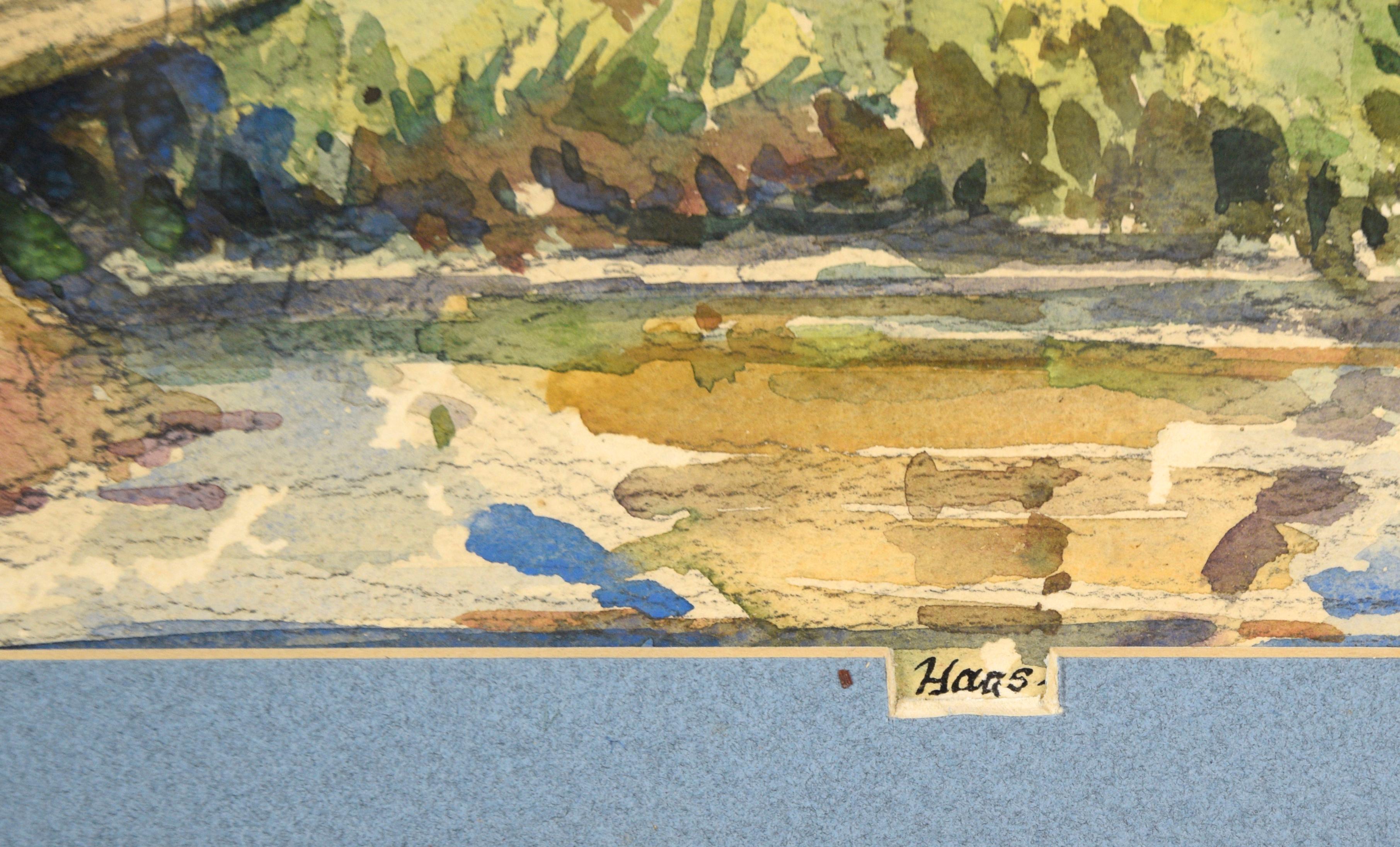 Paysage de ferme idyllique de l'artiste californien Edwin Haas (américain, 1927-2010). Une grange avec une fenêtre à claire-voie est l'élément principal de cette pièce. Il est situé dans un paysage luxuriant, plein d'herbe, avec un petit ruisseau