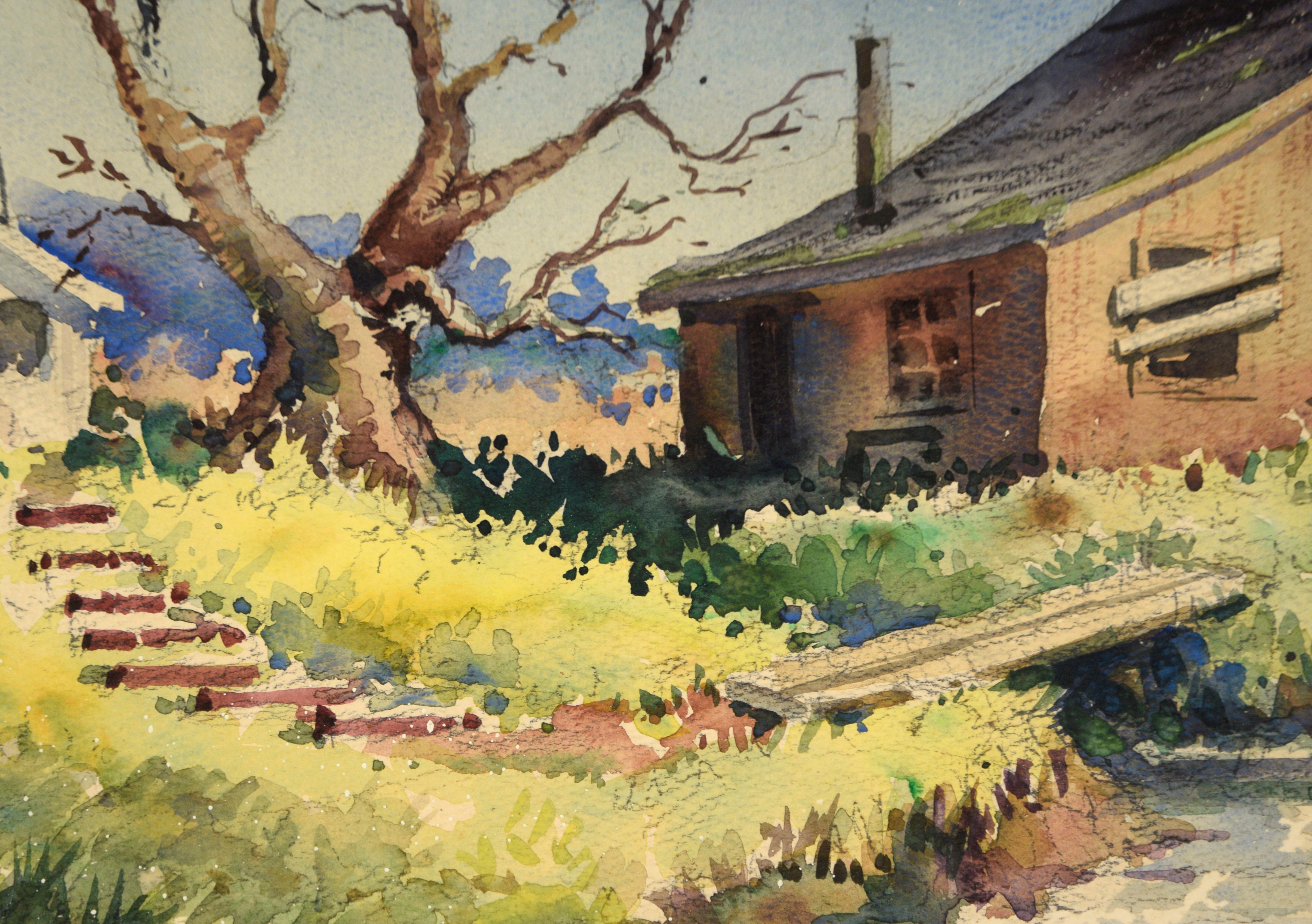 The Old Barn - Paysage de ferme à l'aquarelle sur papier - Impressionnisme américain Art par Edwin Haas