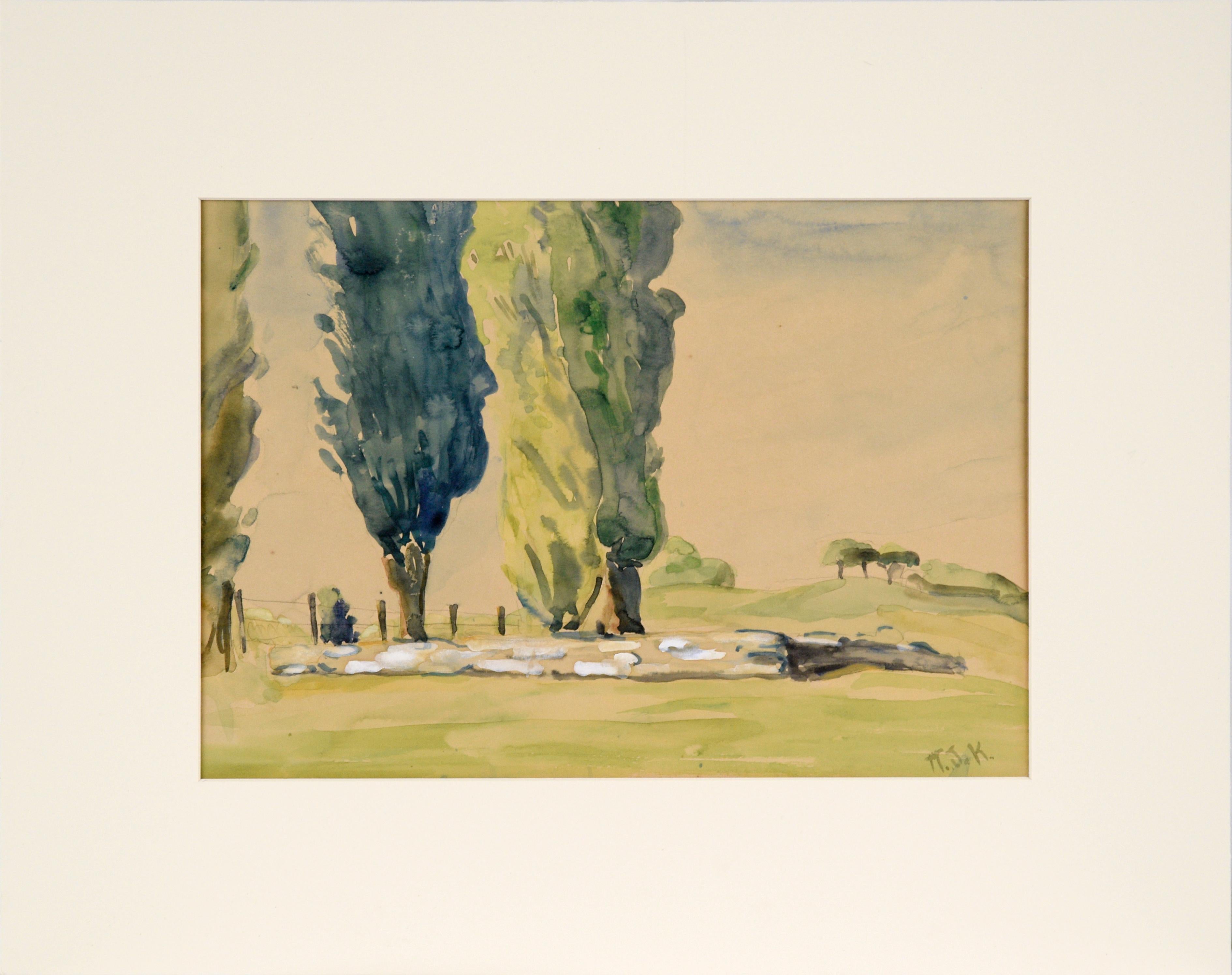 MJ Karnoff Landscape Art – Landschaft mit Bäumen und Rolling Hills – Gouache auf Papier