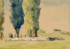 Trees and Rolling Hills Landscape - Gouache on Paper