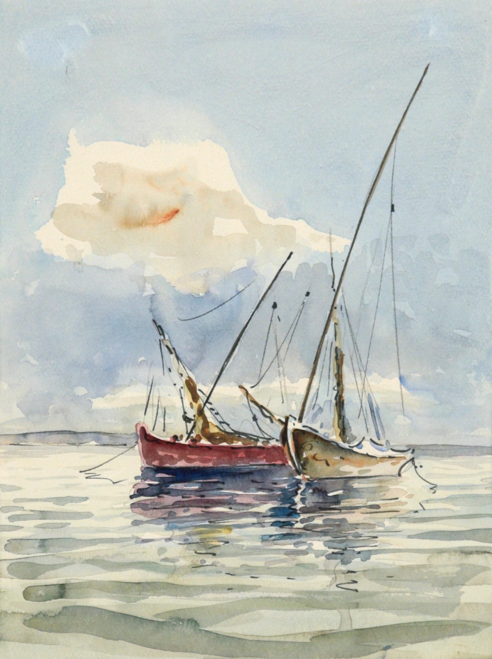 Deux voiliers ancrés - Paysage marin à l'aquarelle sur papier - Art de Unknown