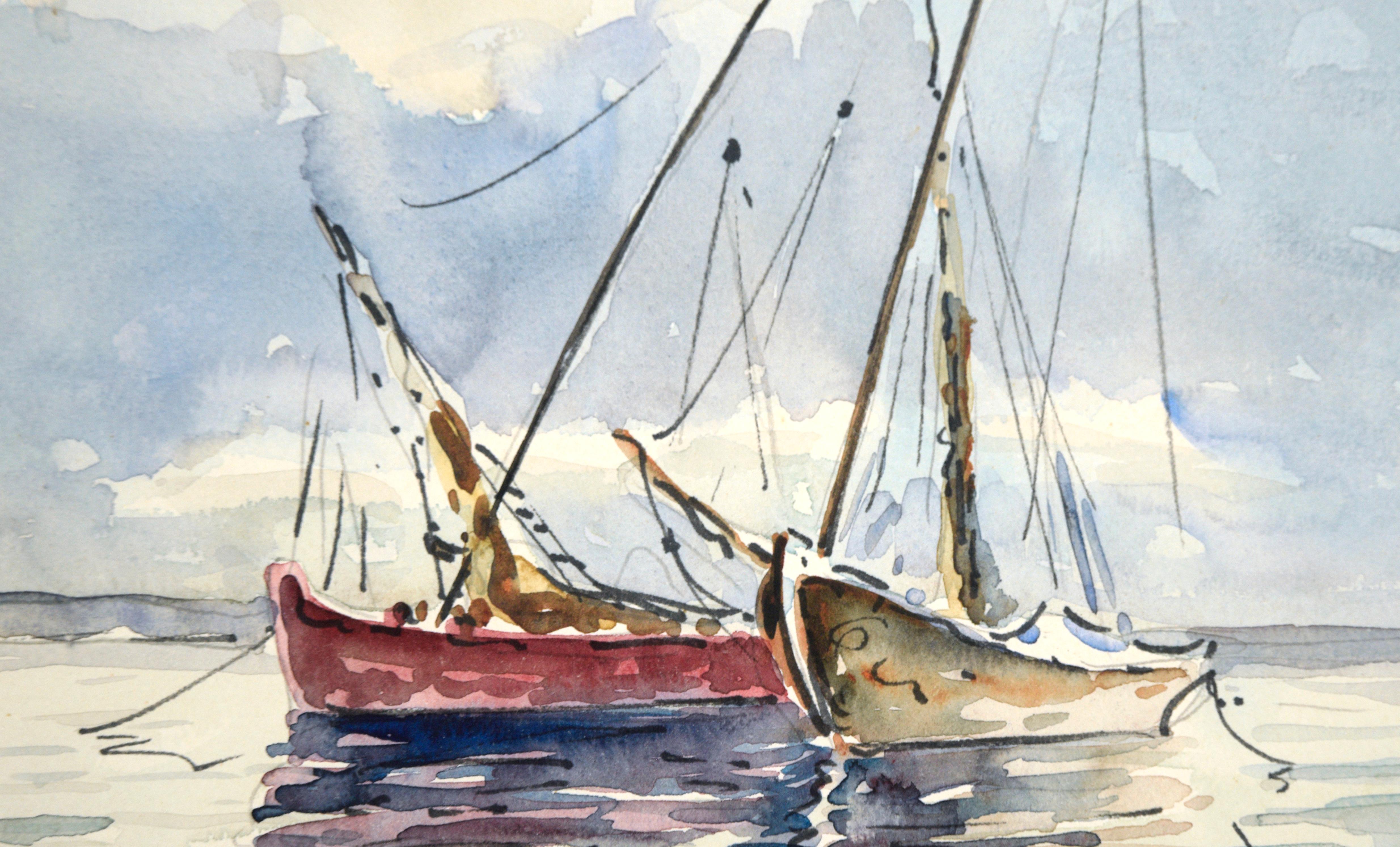Deux voiliers ancrés - Paysage marin à l'aquarelle sur papier - Beige Landscape Art par Unknown