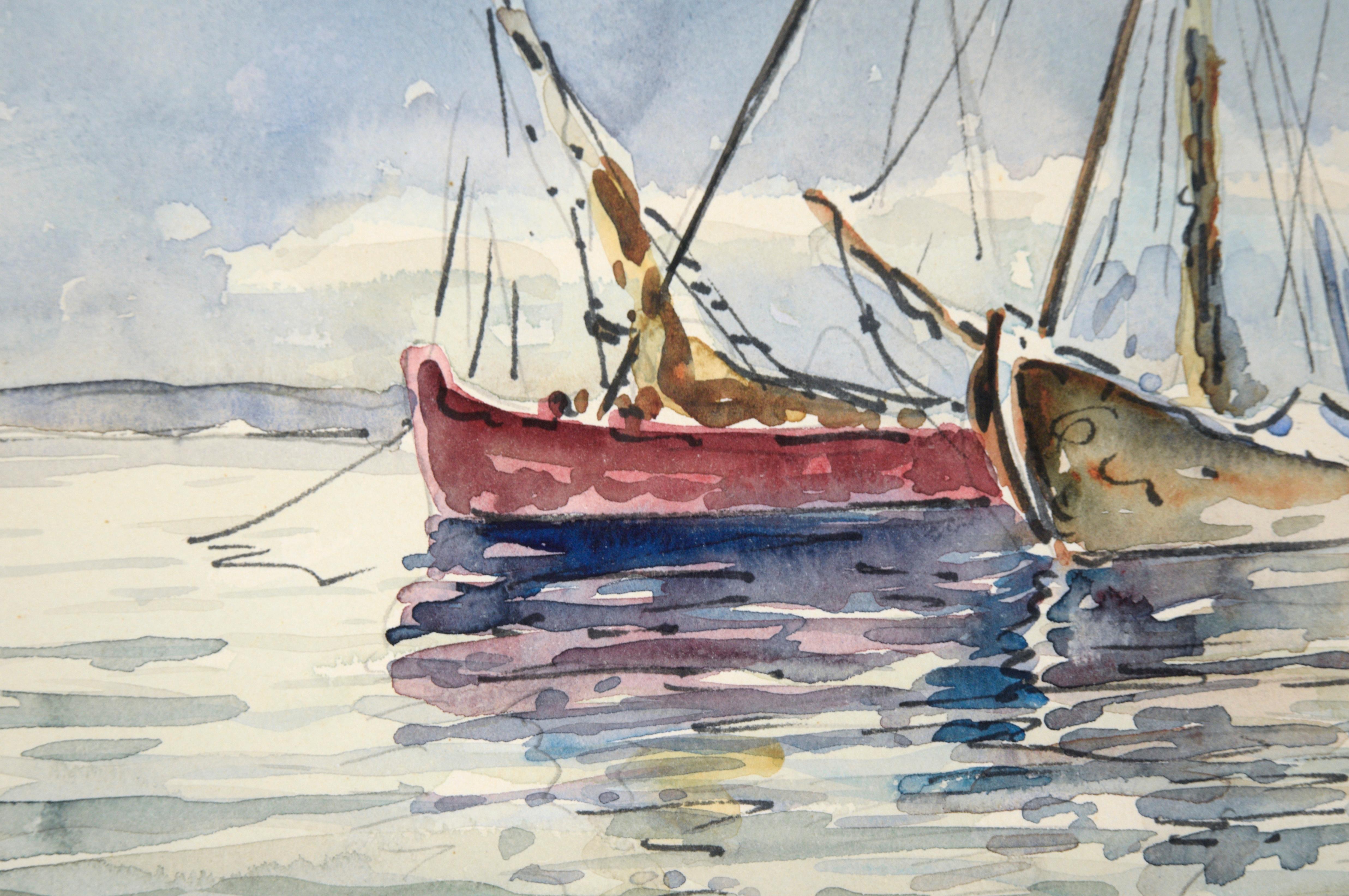 Représentation sereine de deux voiliers par un artiste inconnu (20e siècle). Deux bateaux sont ancrés dans une eau verdâtre. Le ciel bleu, avec quelques nuages gonflés, occupe environ deux tiers de la composition. Les reflets des voiliers dans