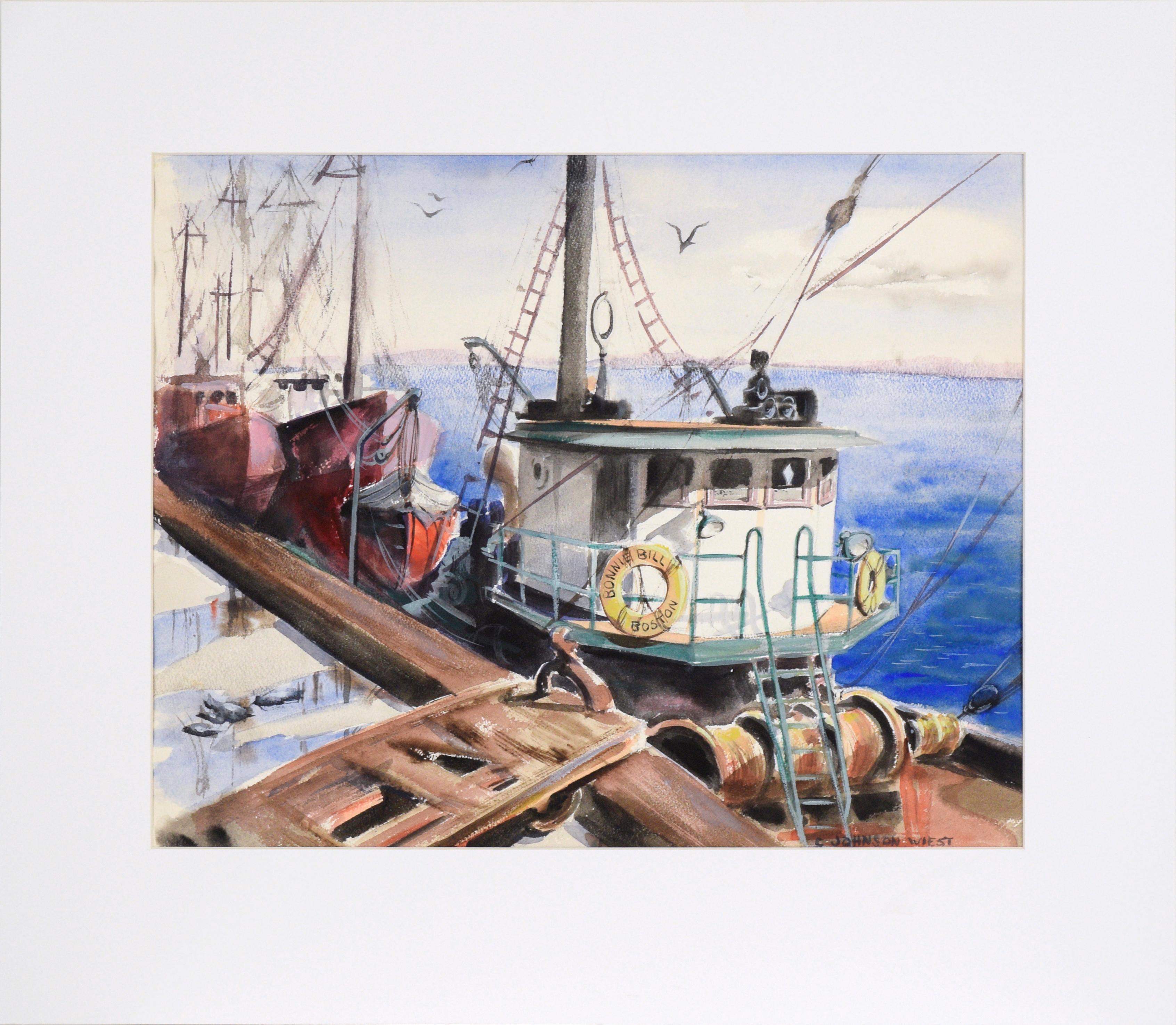 Claire Weist Landscape Art - Bonnie Bill  - Tugboat at the Dock in Boston - Seascape in Watercolor on Paper 