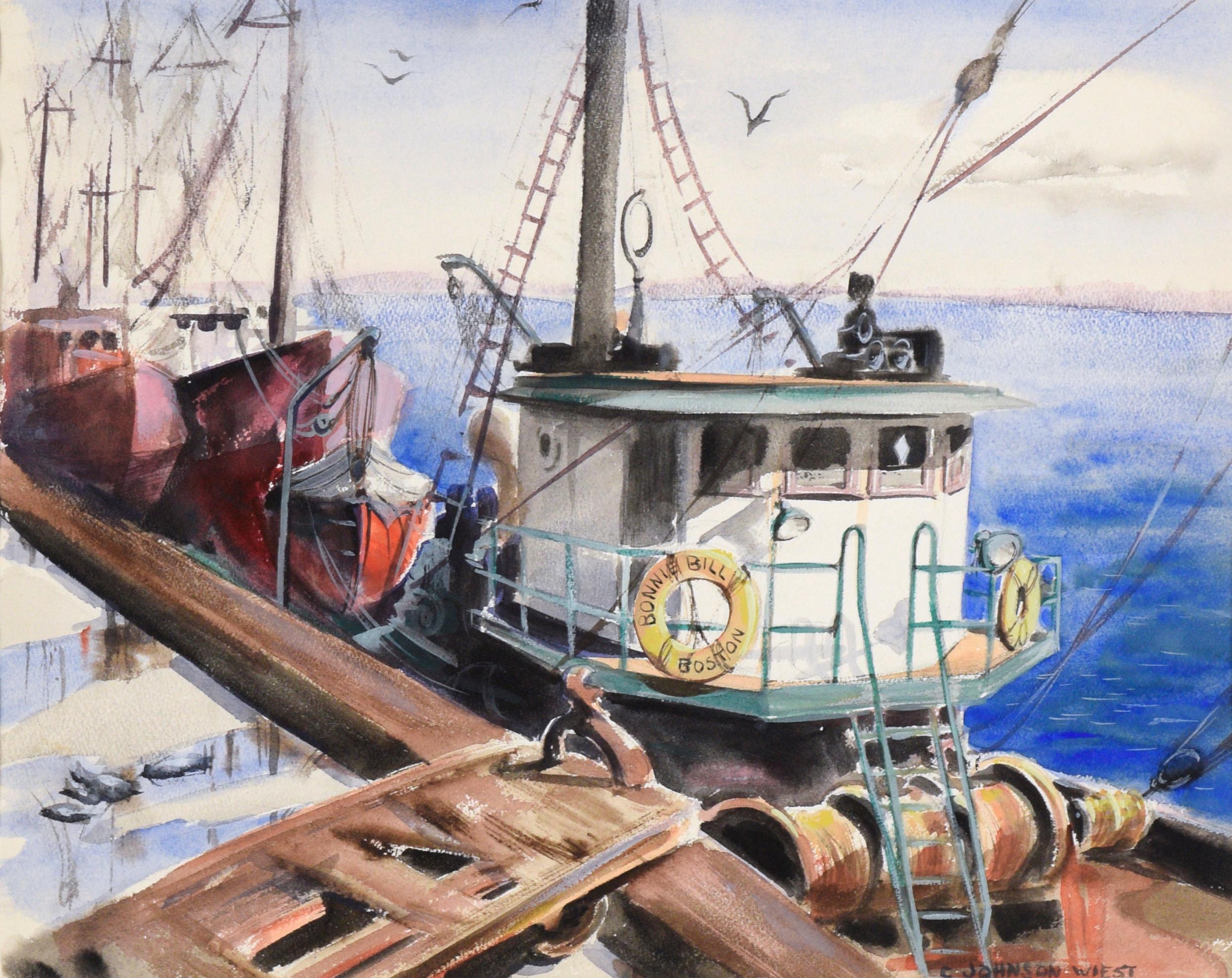 Bonnie Bill  - Voilier au quai à Boston - Paysage marin à l'aquarelle sur papier - Art de Claire Weist