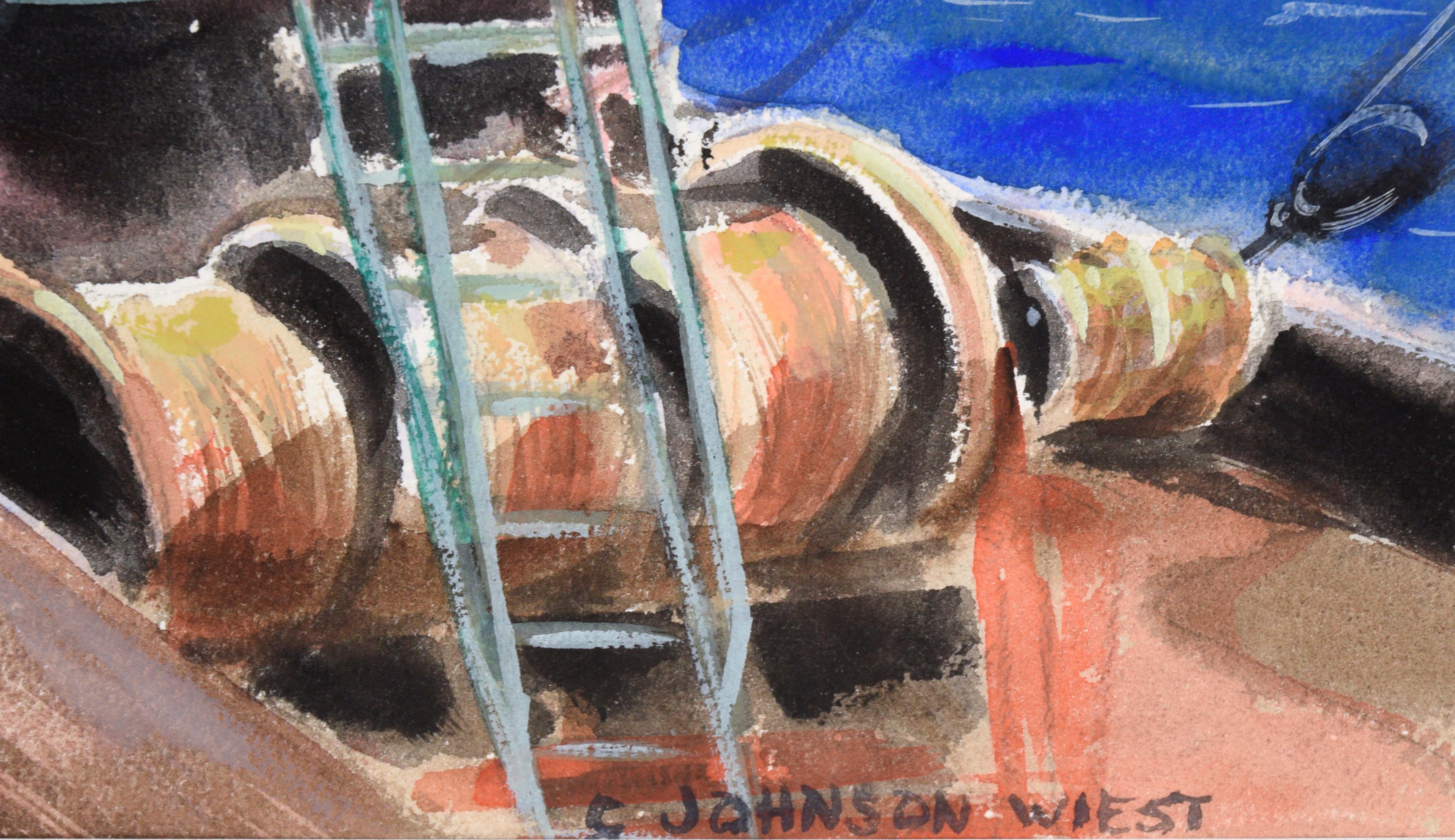 Bonnie Bill  - Voilier au quai à Boston - Paysage marin à l'aquarelle sur papier en vente 1
