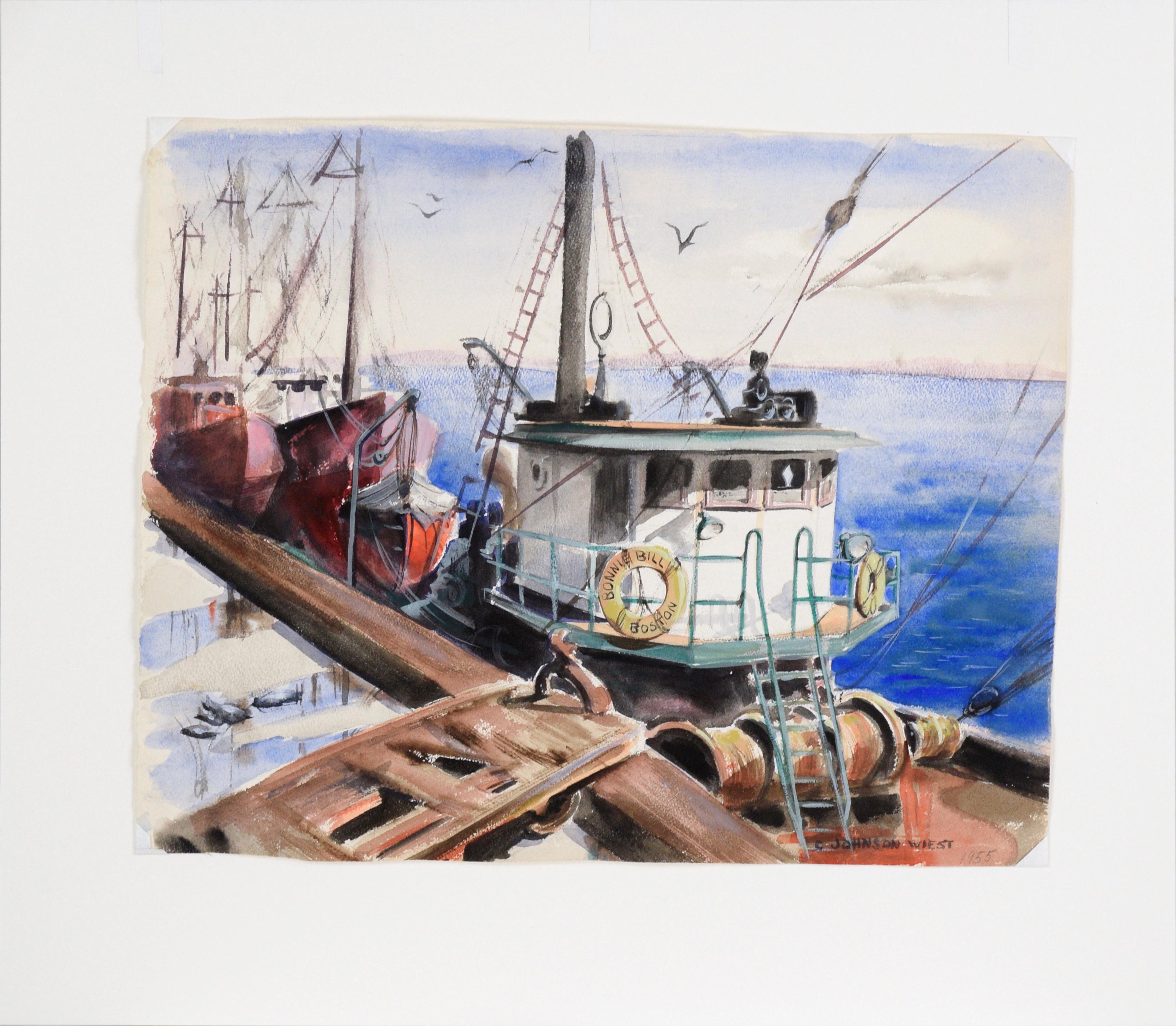 Harbor scene by Claire Weist (American, 1930-2014). The Bonnie Bill is docked along with several other boats. Seagulls circle overhead in a pale sky. The colors in this piece are bold - red boats, rich blue ocean, and dark brown wood on the pier.