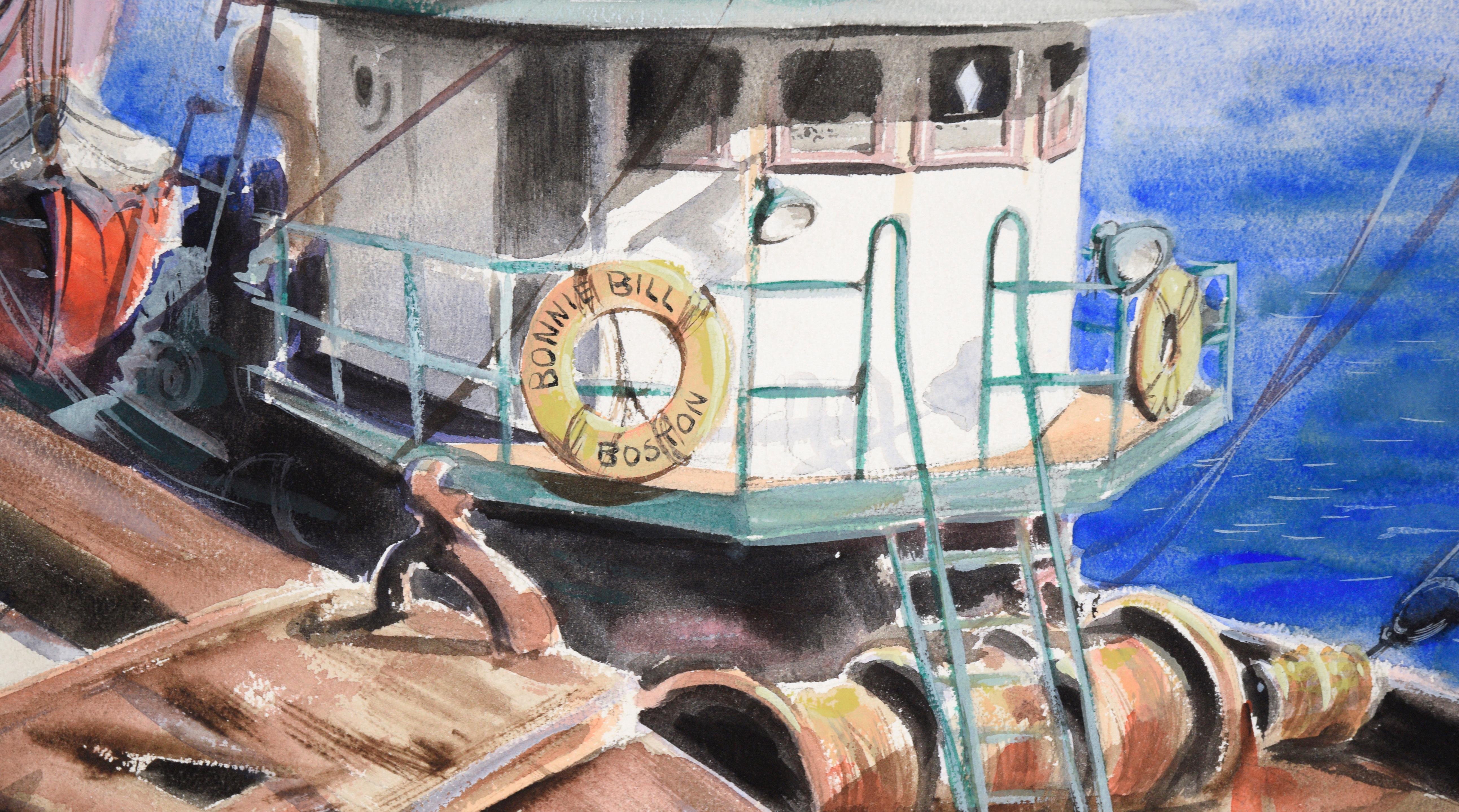 Bonnie Bill  - Tugboat at the Dock in Boston - Seascape in Watercolor on Paper  - Modern Art by Claire Weist