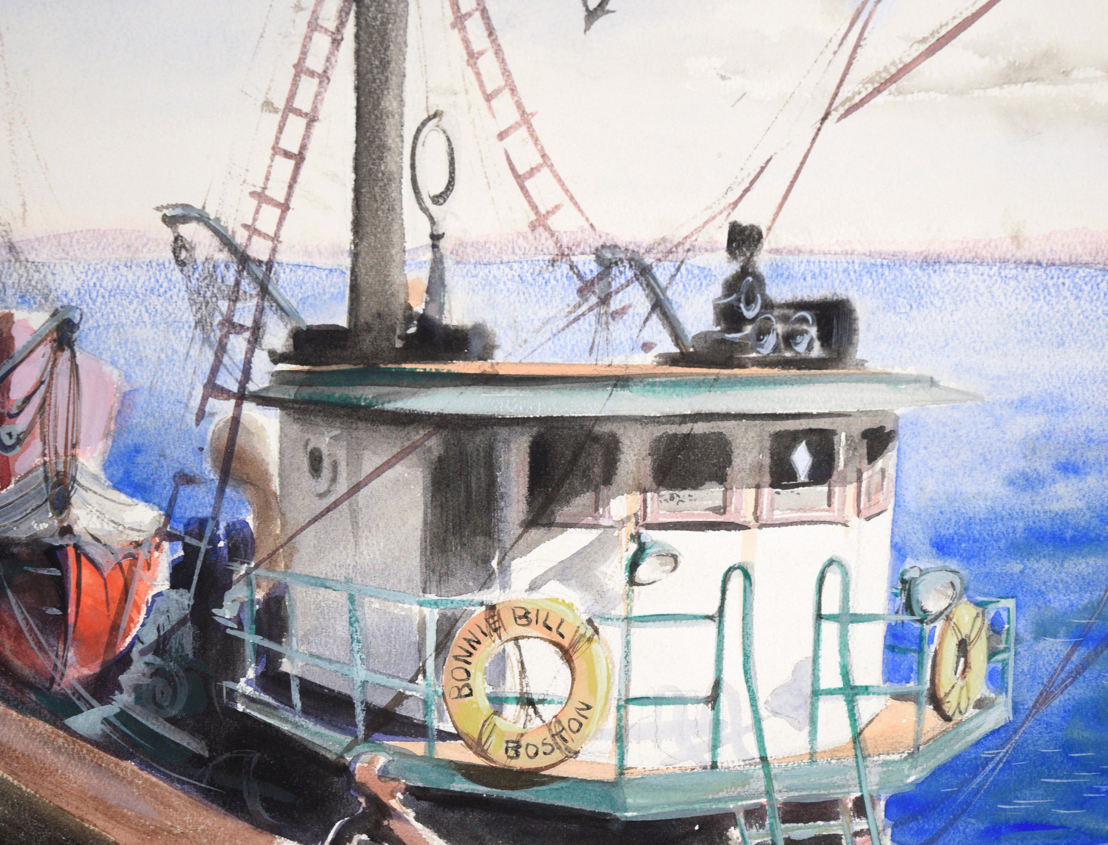 Bonnie Bill  - Voilier au quai à Boston - Paysage marin à l'aquarelle sur papier - Moderne Art par Claire Weist