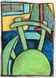 Schreibtischstuhl – kubistische Interieurszene in Kreide auf Papier