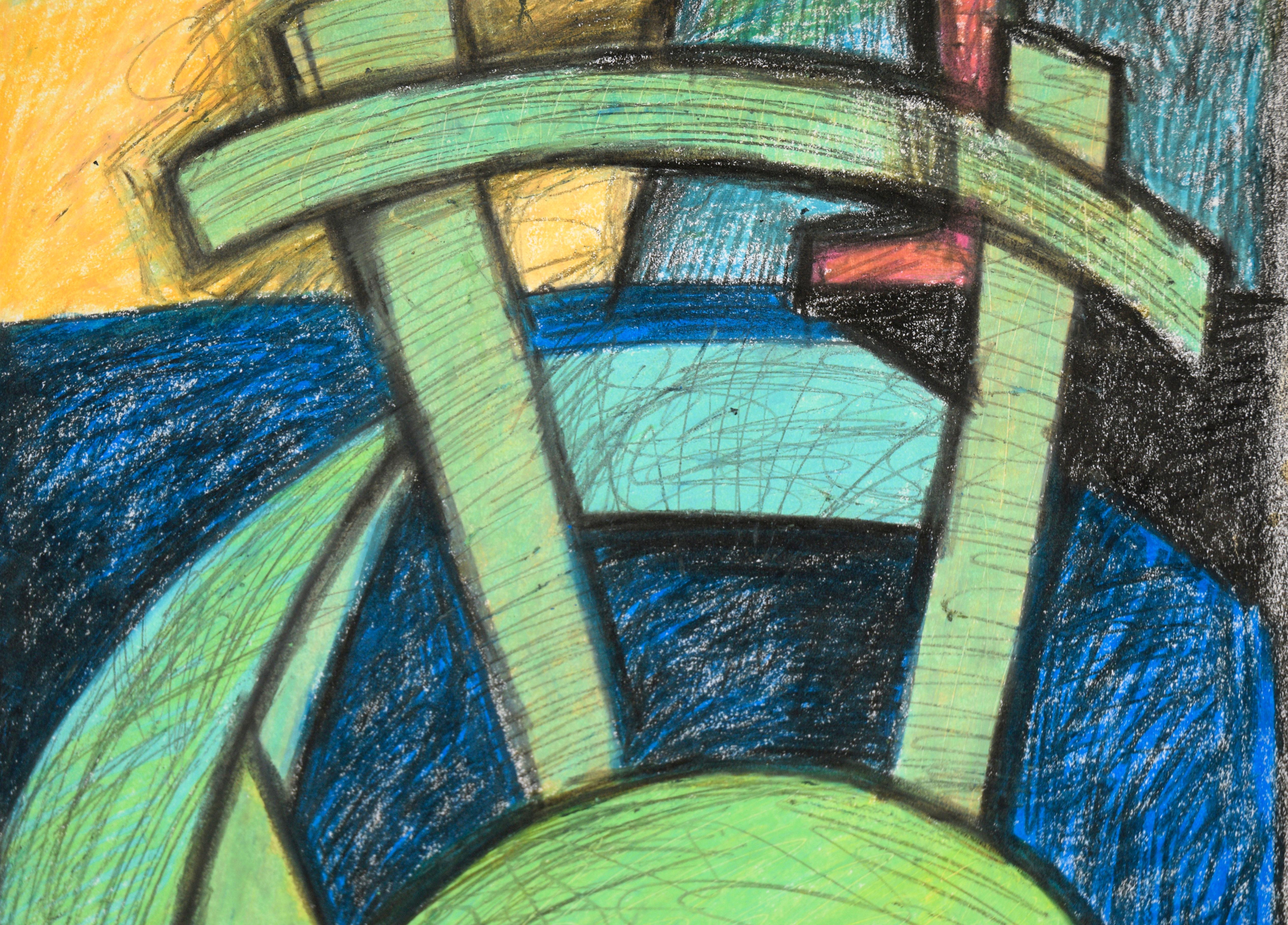 Bunte Innenraumszene mit einem grünen Stuhl von Michael William Eggleston (Amerikaner, 20. Jahrhundert). Das Innere eines Raumes ist in einem schrägen Winkel dargestellt, mit kräftigen, hellen Formen. Im Vordergrund der Komposition steht ein