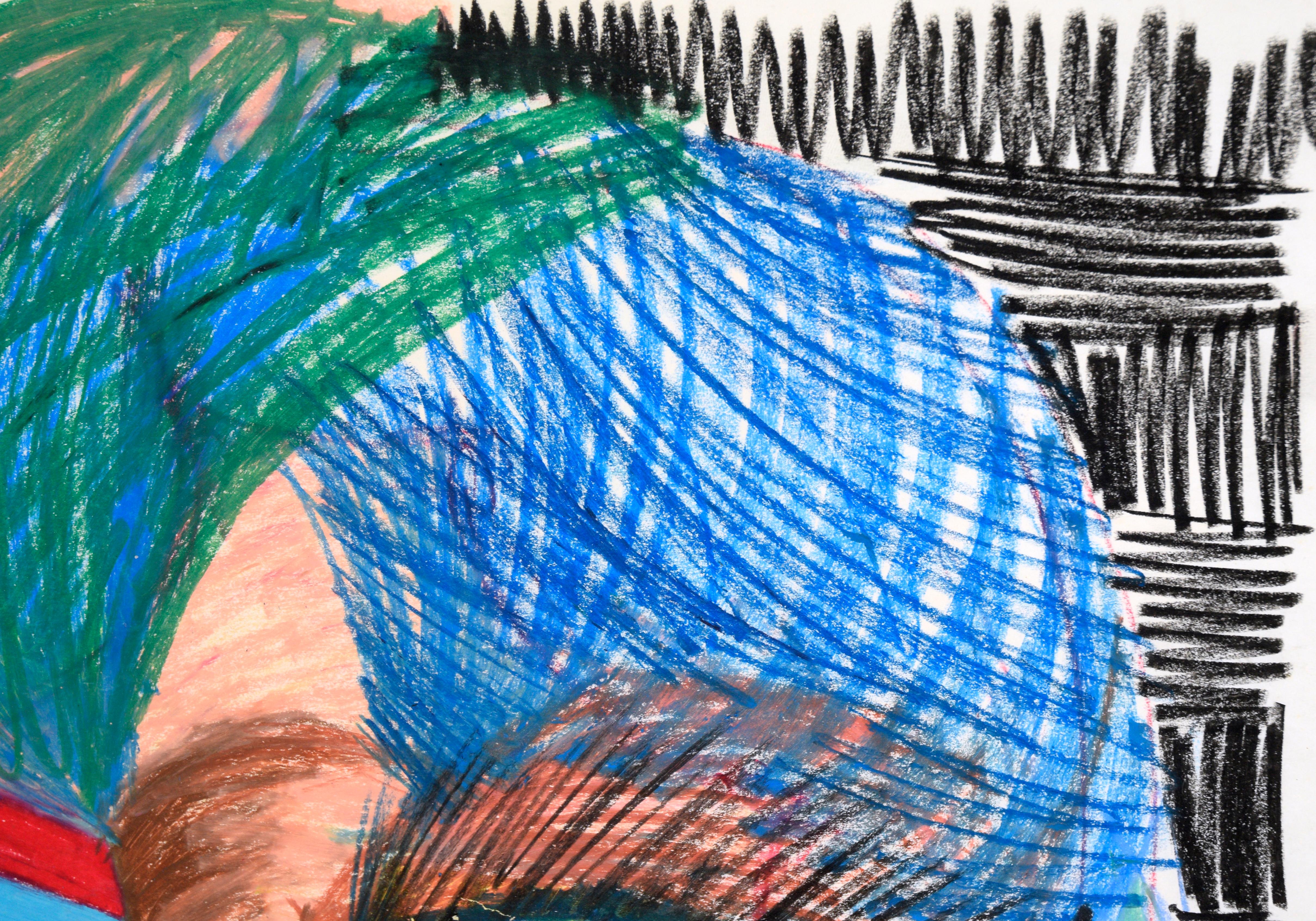 Leuchtend farbiges abstraktes Porträt von Michael William Eggleston (Amerikaner, 20. Jahrhundert). Eine abstrahierte Figur ist mit einem katzenähnlichen Auge und scharfen Zähnen abgebildet, aber die genauen Merkmale sind nicht zu erkennen. Die