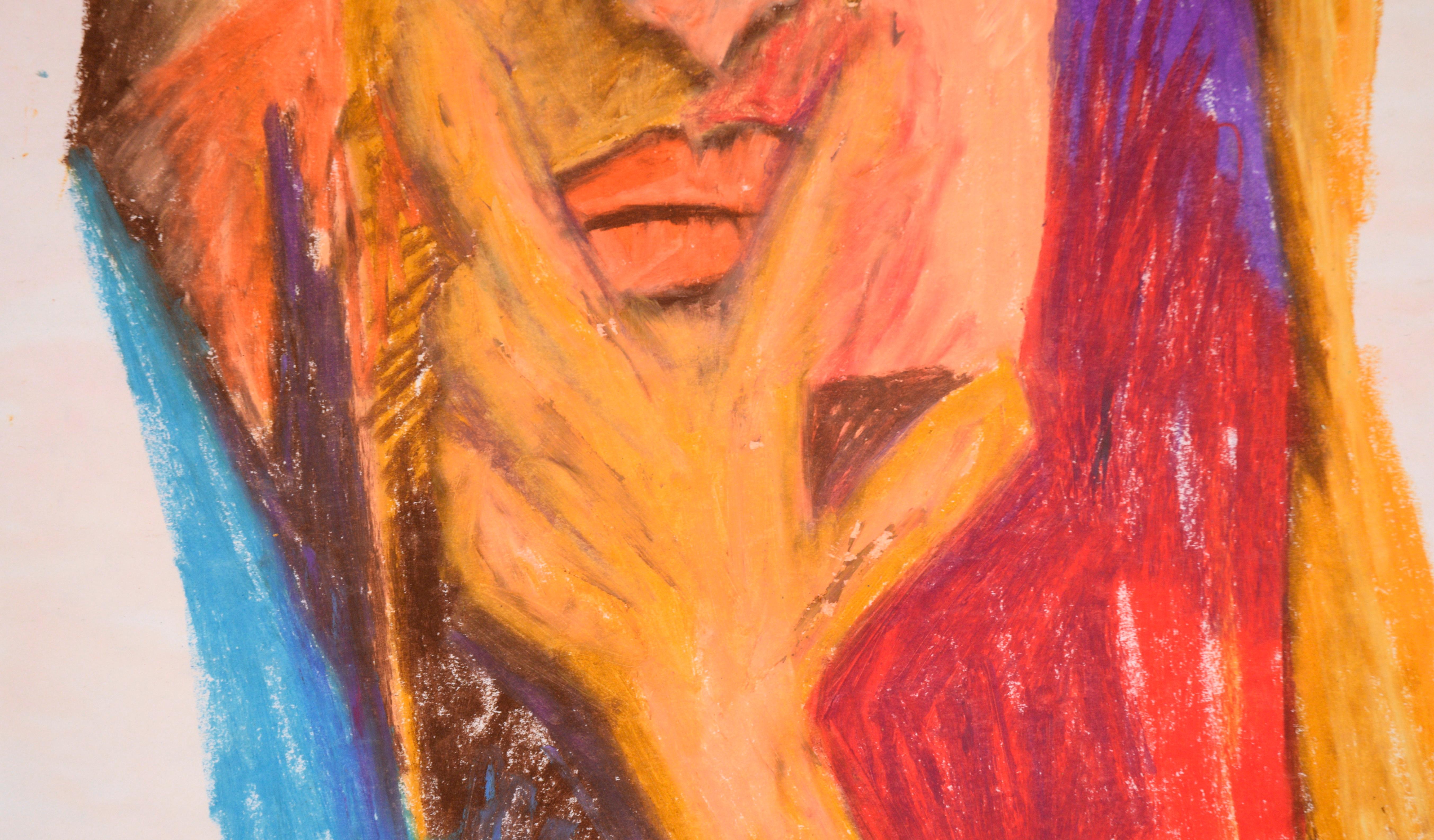 Leuchtend farbiges Porträt von Michael William Eggleston (Amerikaner, 20. Jahrhundert). Eine Frau mit blonden Haaren schaut den Betrachter direkt an und macht eine Geste mit ihrer Hand - ihr Zeige- und Mittelfinger formen ein 