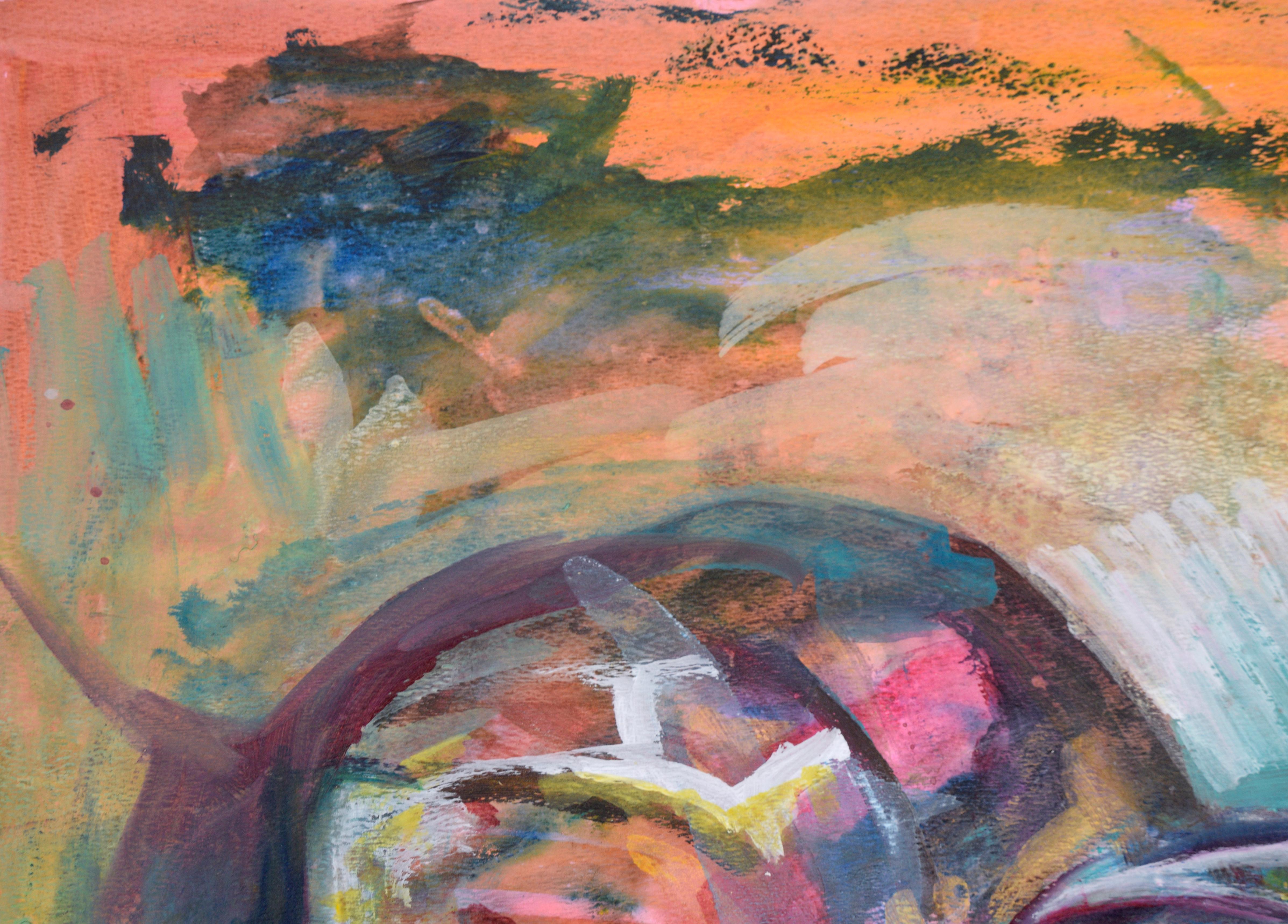 Lebendiges Doppelprotrait der kalifornischen Künstlerin Virginia J. Hughins (Amerikanerin, 1923-2004). Diese Komposition besteht aus zwei Porträts, die sich teilweise überschneiden. Sie sind in leuchtenden Pink-, Orange-, Grün- und Blautönen