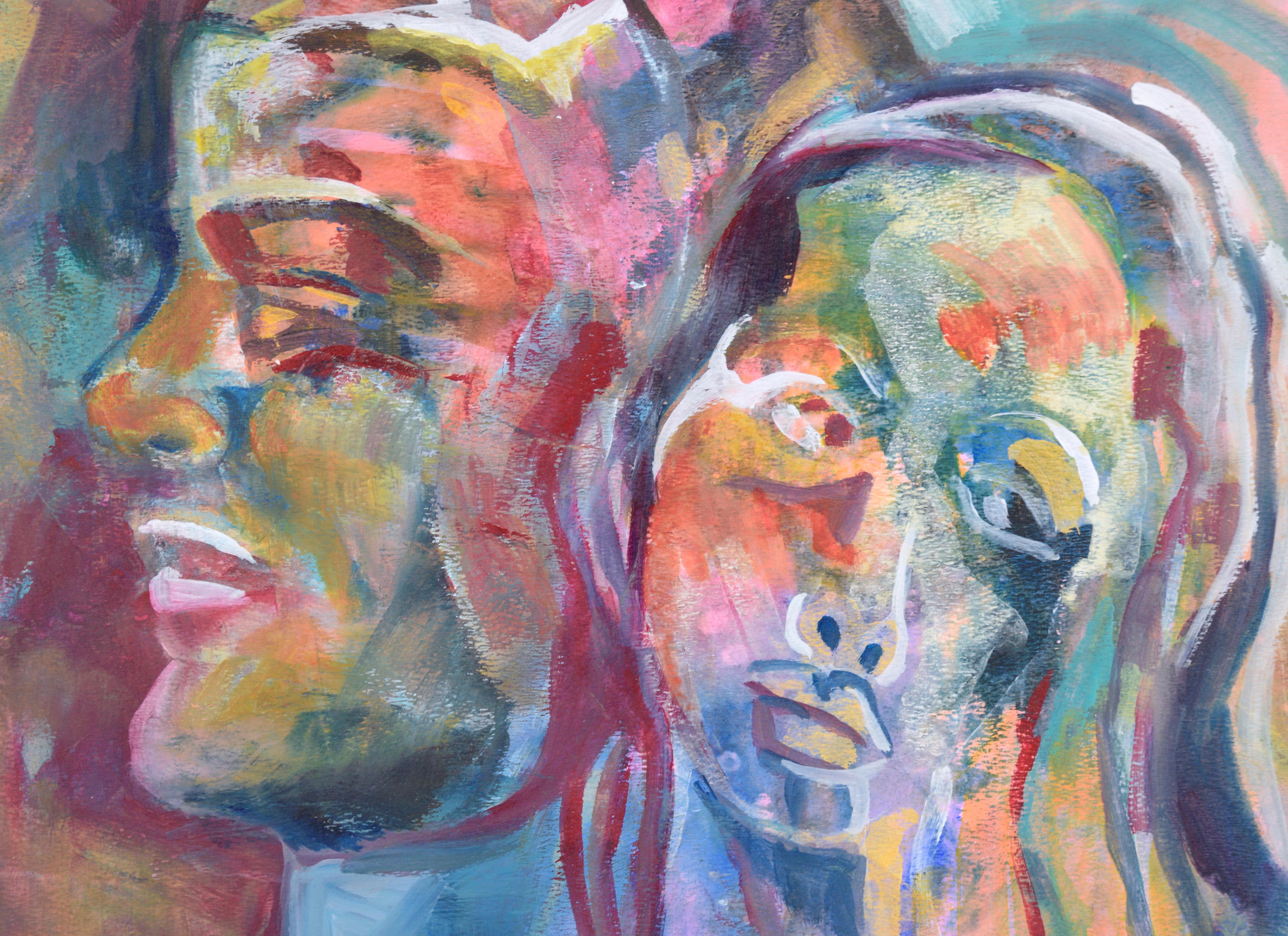 Vibrant double protrait by California artist Virginia J. Hughins (American, 1923-2004). There are two portraits in this compostion, partially overlapping each other. They are executed in bright pinks, oranges, greens, and blues, with white