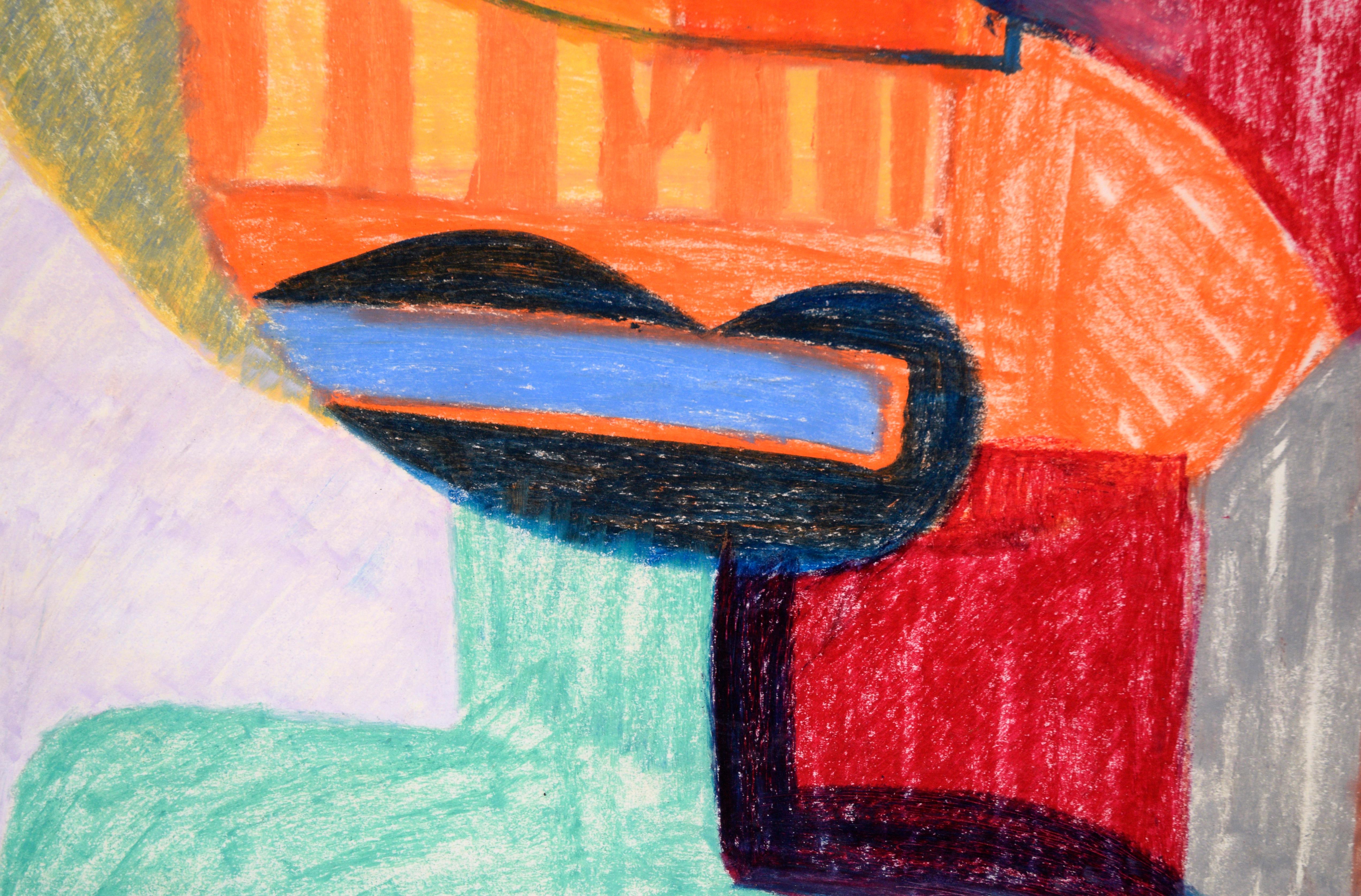 Leuchtend farbiges Porträt von Michael William Eggleston (Amerikaner, 20. Jahrhundert). Ein Porträt im kubistischen Stil zeigt eine abstrahierte Person, die eine orangefarbene Maske über den Augen trägt. Dieses Werk besteht aus leuchtenden Farben