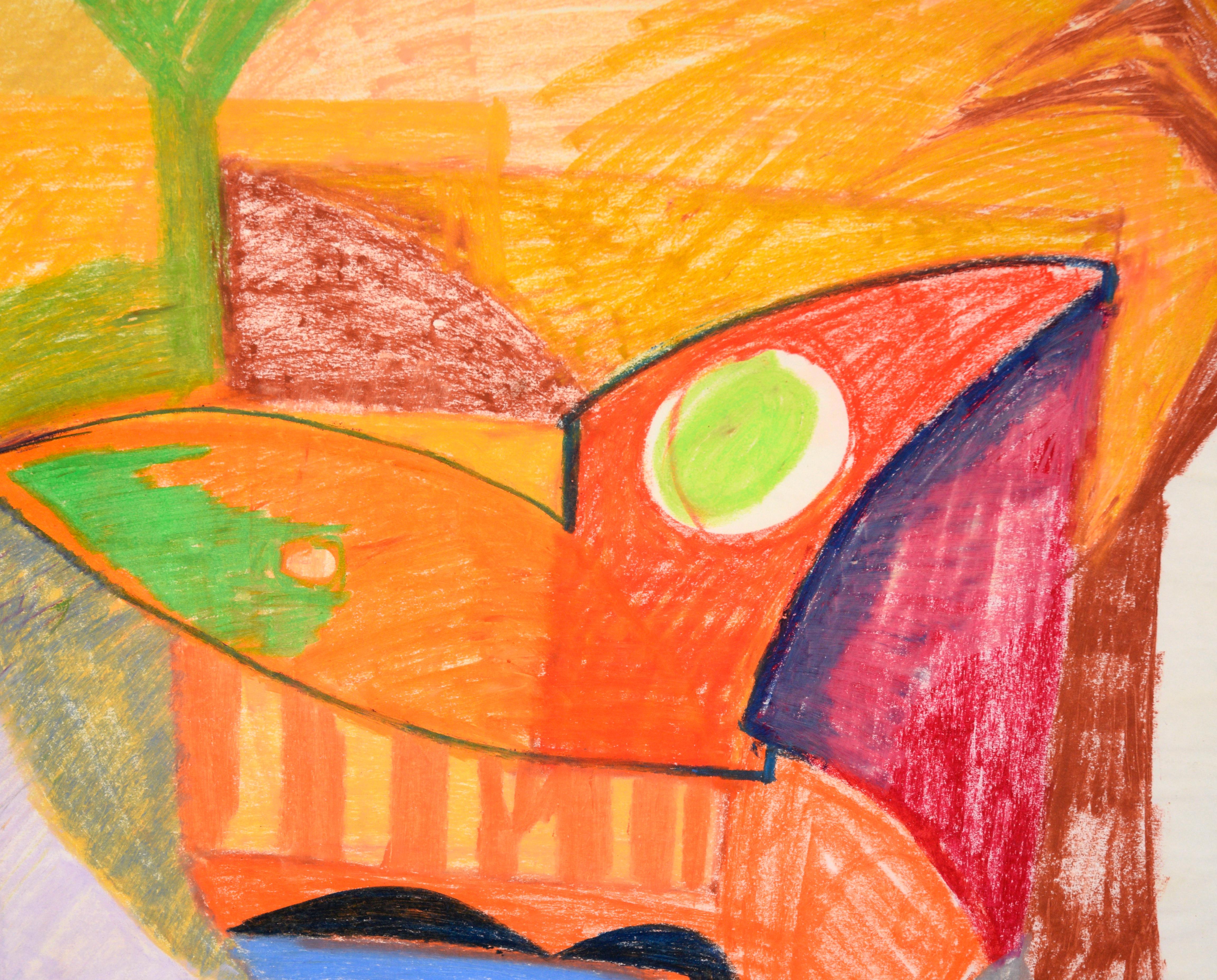 Orange Masque – Abstraktes Porträt in Conte-Kreide auf Papier (Beige), Portrait, von Michael William Eggleston