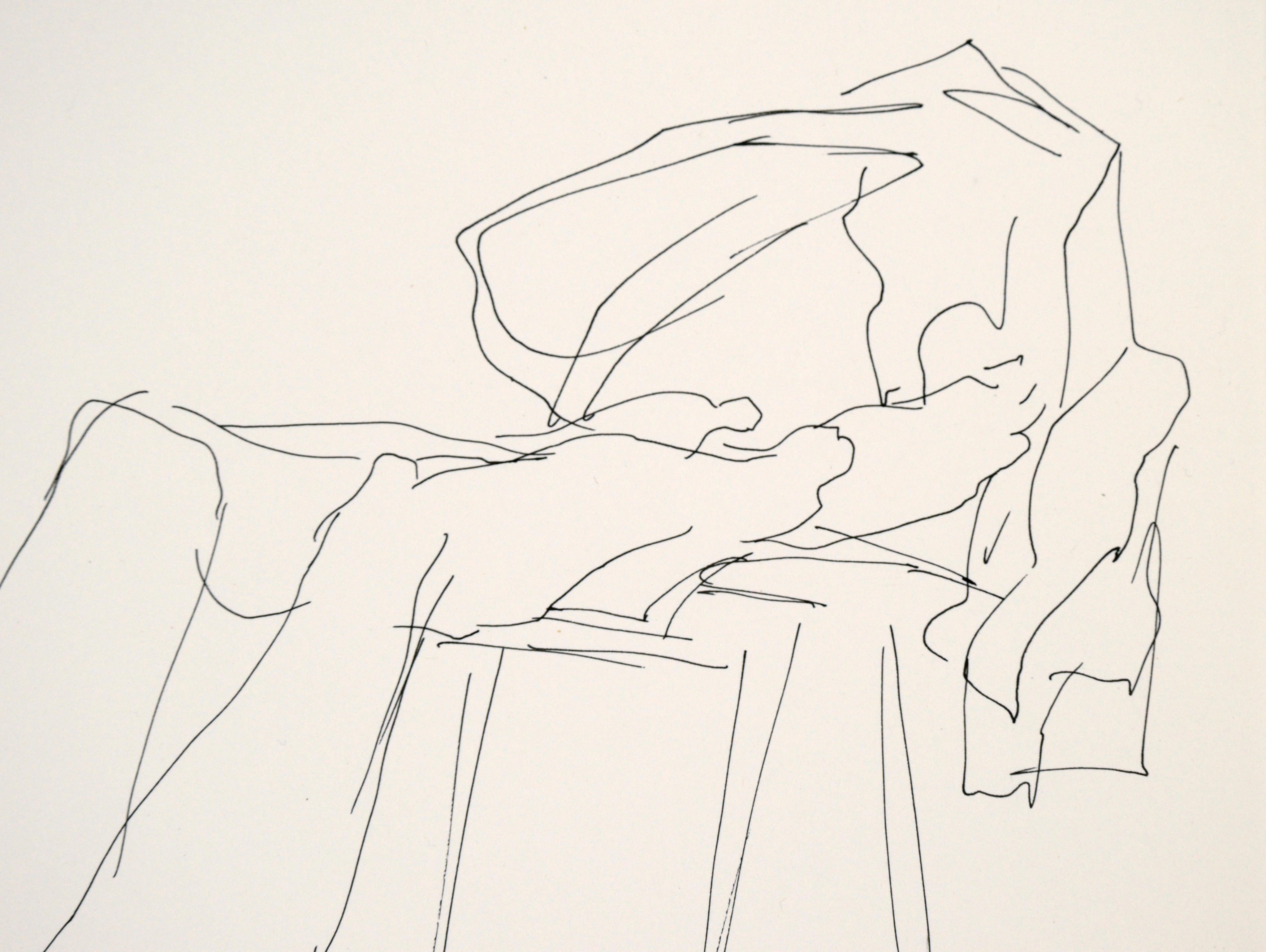 Clean and confident sketch of a nude model by an unknown San Francisco Bay Area artist (20th Century). A woman is lying down on her back, with her arms above her head and legs up on a chair. Draped over the chair is an article of clothing. She is