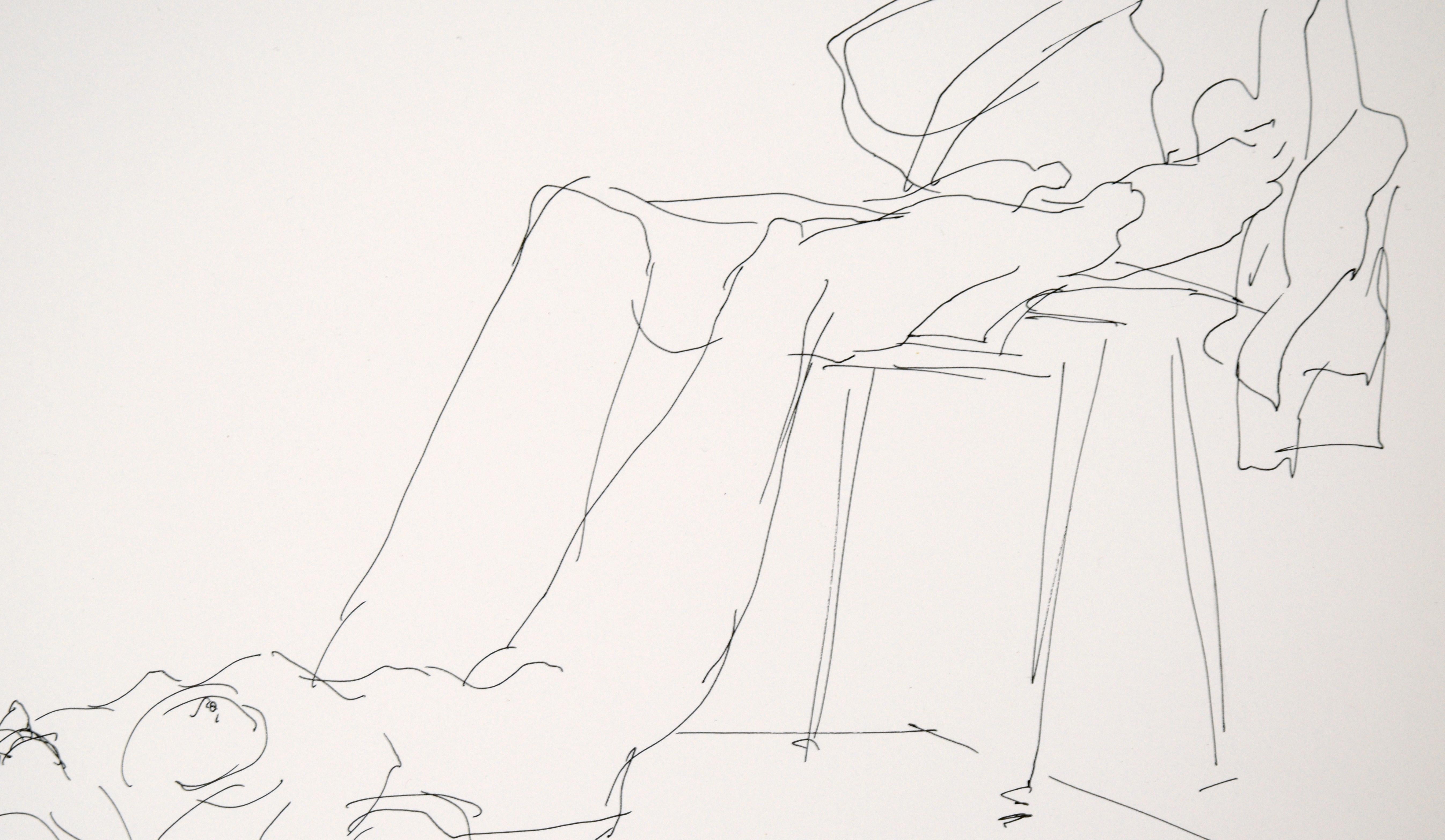 Saubere und selbstbewusste Skizze eines Aktmodells von einem unbekannten Künstler aus der San Francisco Bay Area (20. Jahrhundert). Eine Frau liegt auf dem Rücken, hat die Arme über dem Kopf und die Beine auf einen Stuhl gelegt. Über den Stuhl ist
