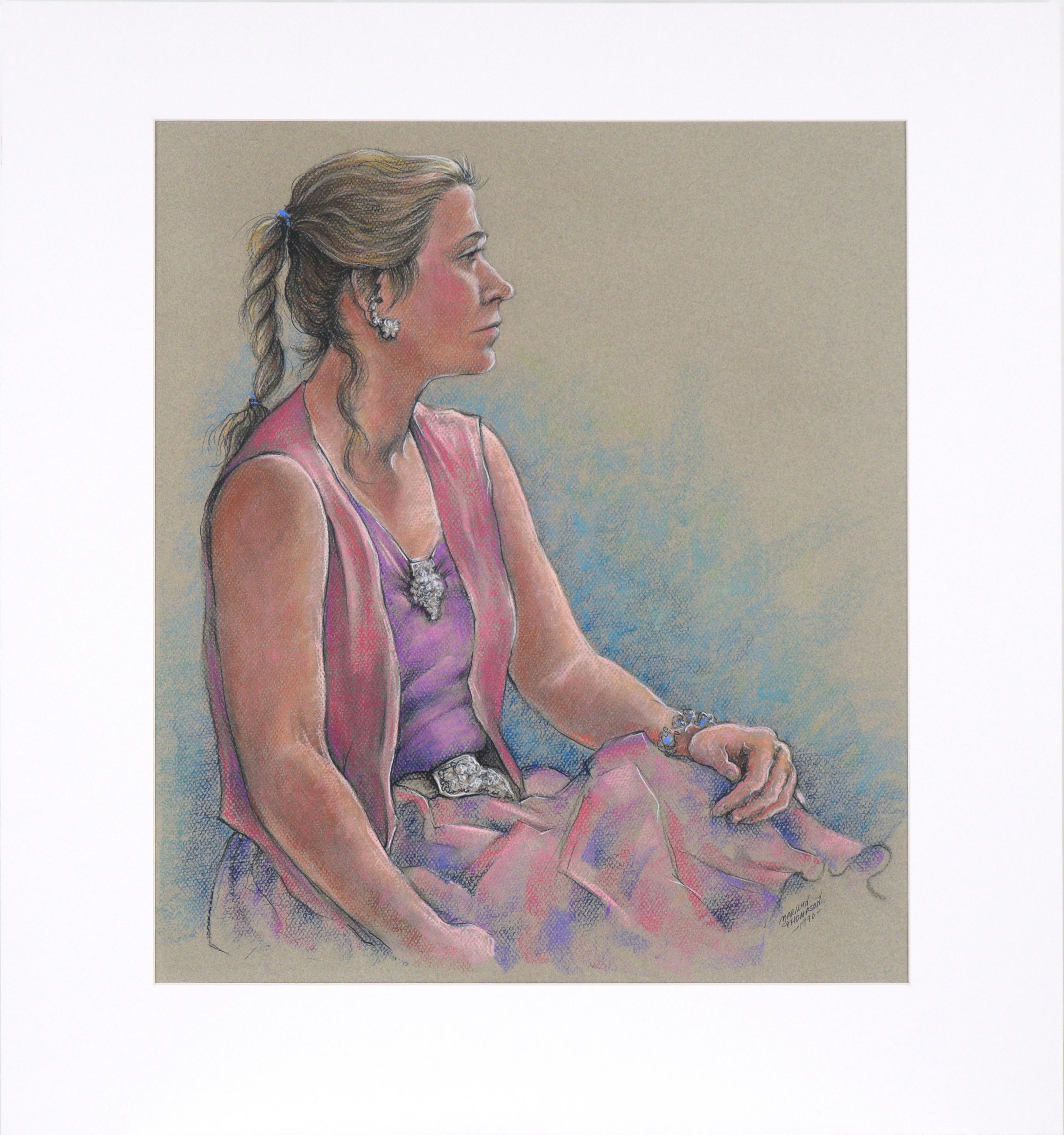 Portrait d'une femme dans un gilet rose - Pastel sur papier