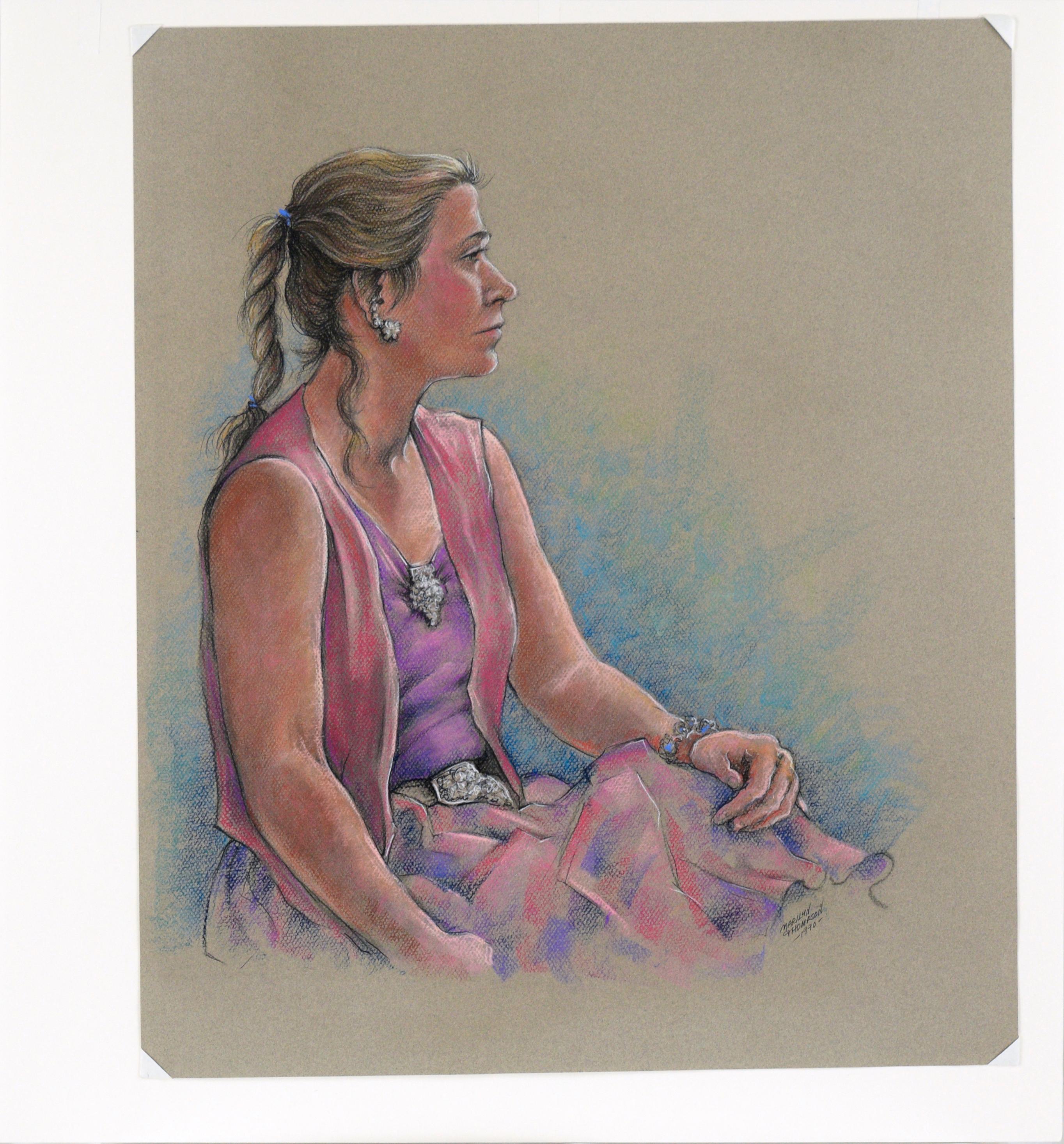 Portrait d'une femme dans un gilet rose - Pastel sur papier en vente 6