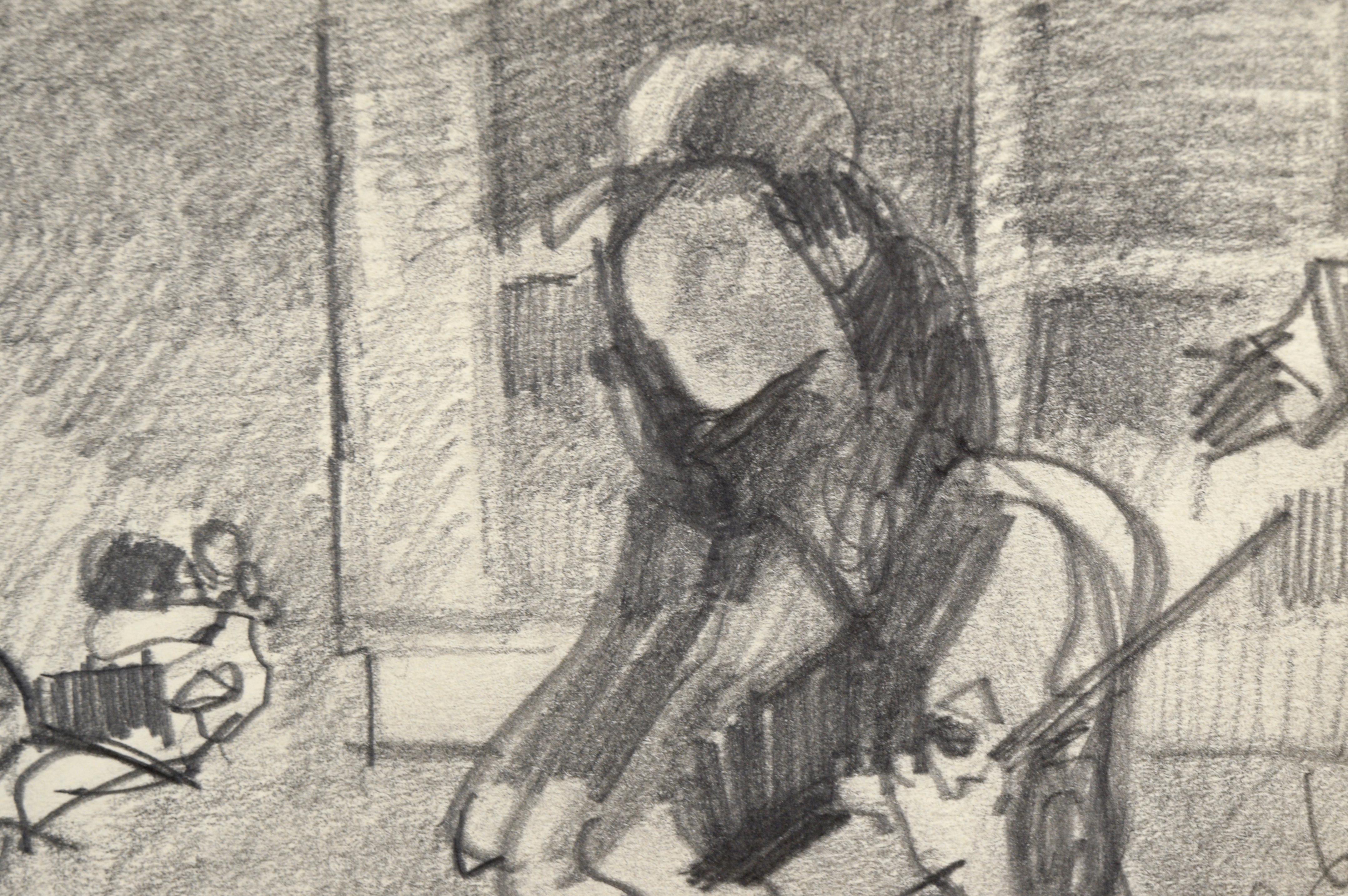 Dynamic live drawing of two musicians by Santa Cruz artist Brian Rounds (b. 1968). Drawn at a house concert in Santa Cruz, California, this piece depicts a musical duo called 