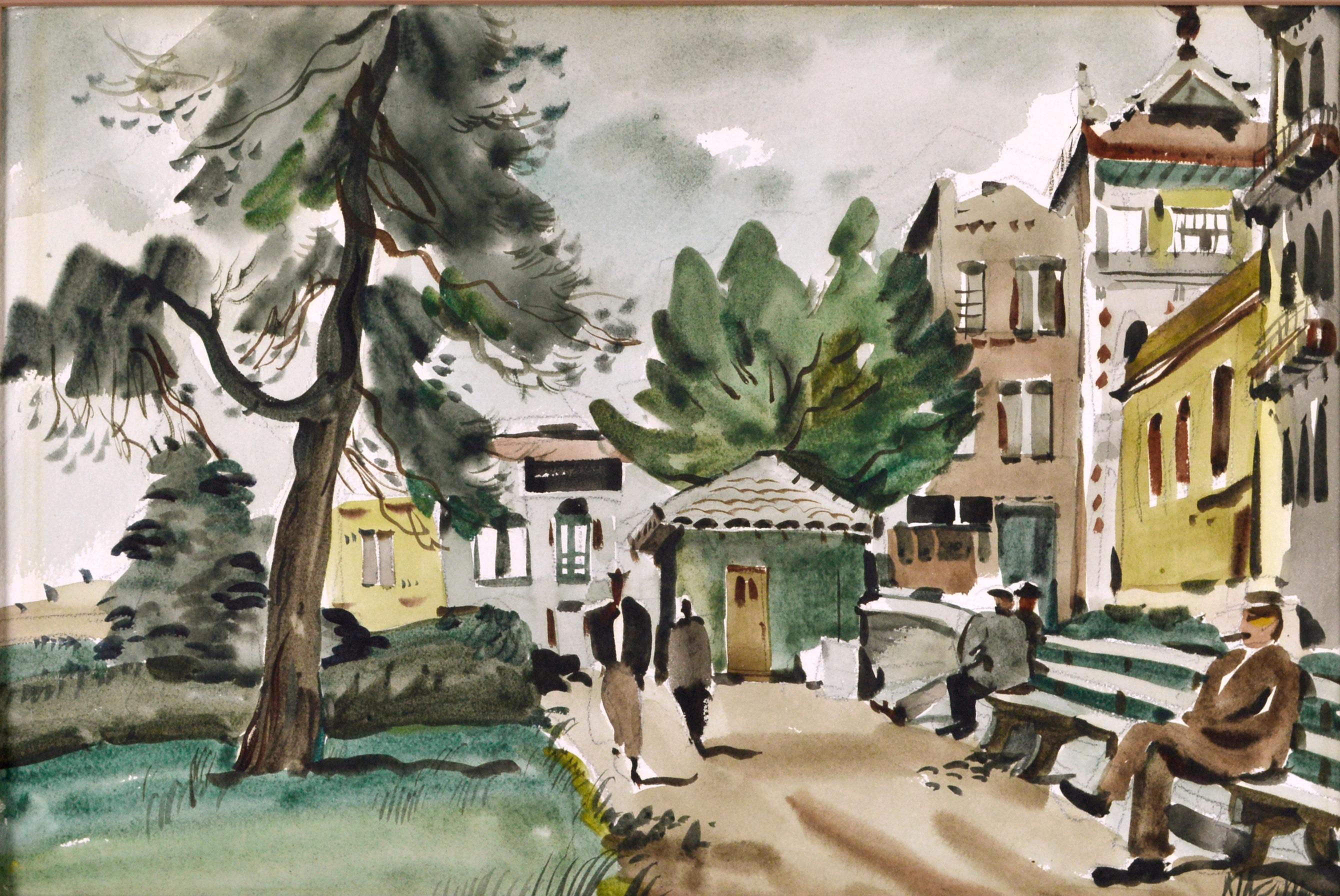 China Town Park San Francisco on a Sunny Day  Water Color 1940 - Painting by Dong Kingman