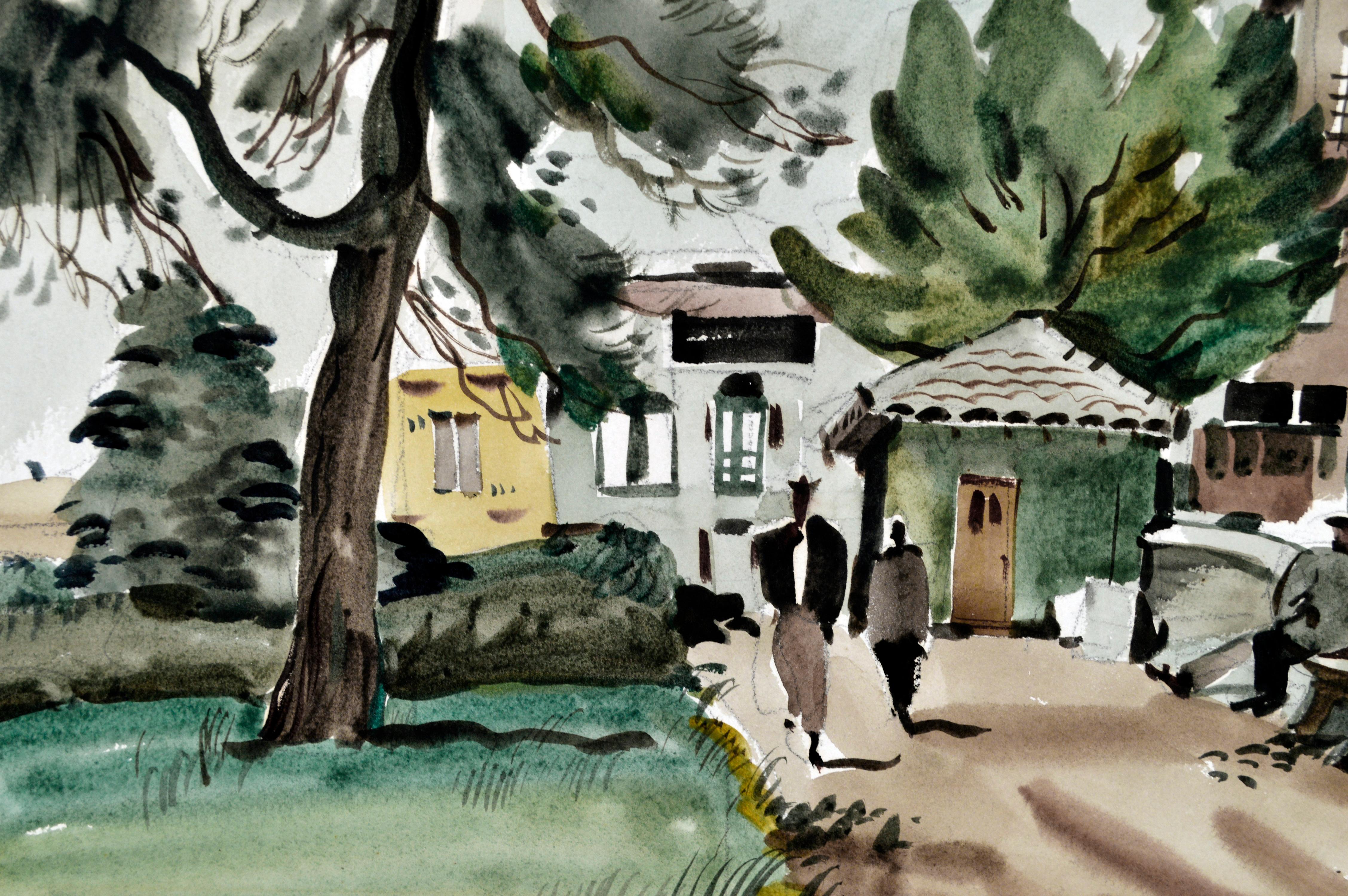 China Town Park San Francisco an einem sonnigen Tag  Aquarell 1940
Viertel und Park von San Francisco mit Bewohnern, die das sonnige Wetter in San Francisco genießen, von Dong Moy Shu Kingman (Amerikaner, 1911 - 2000). 
Bild unter Matte, 14,5 