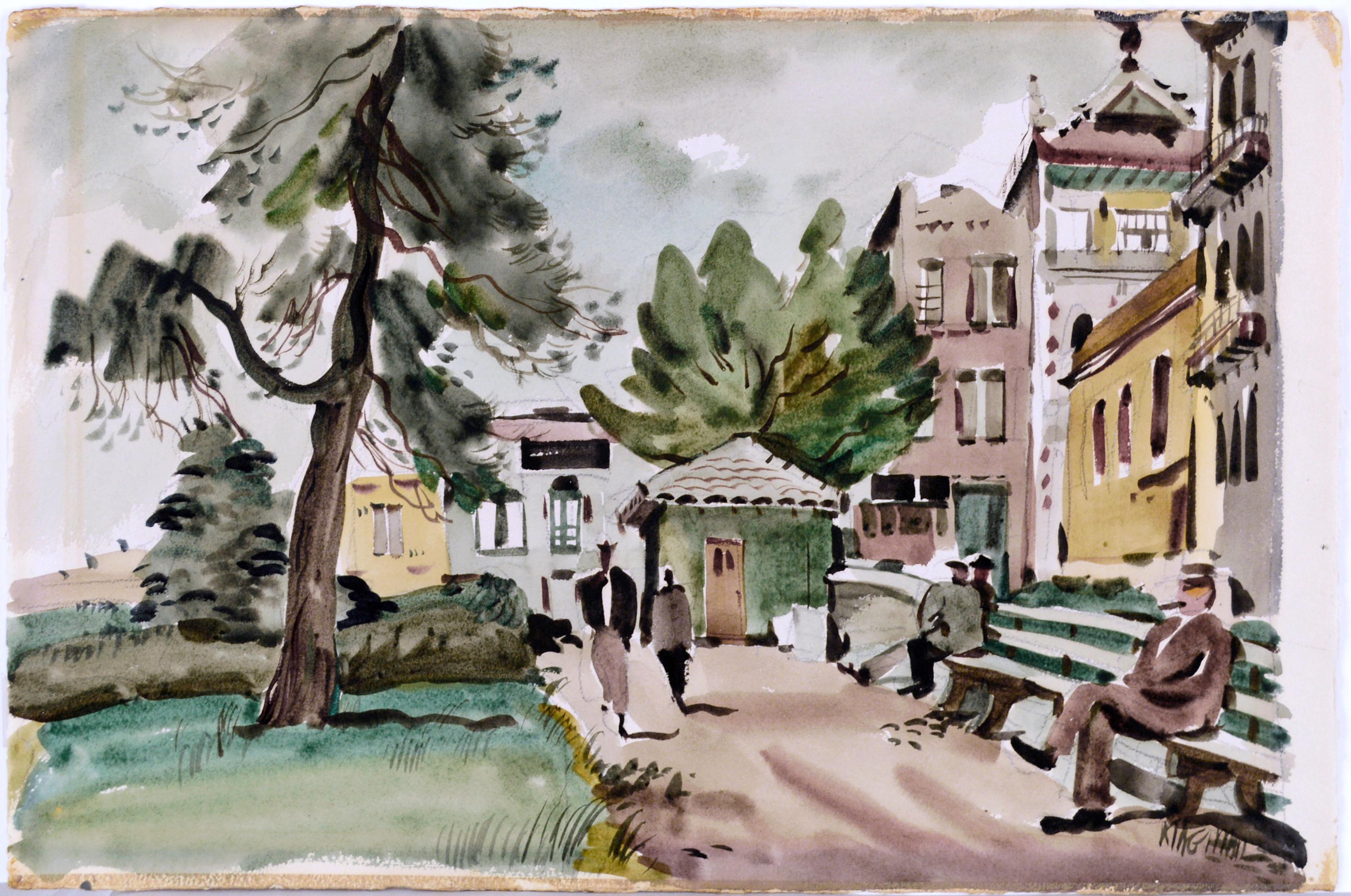 China Town Park San Francisco on a Sunny Day  Water Color 1940 - American Modern Painting by Dong Kingman