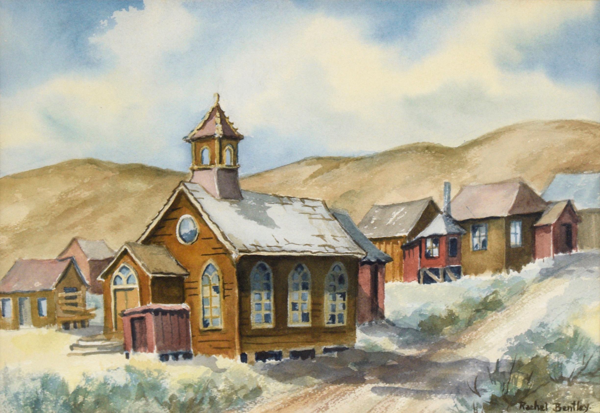 Church Methodist in Old Bodie Ghost Town (église méthodiste de Bodie Ghost Town) - Aquarelle sur papier - Art de Rachel Bentley