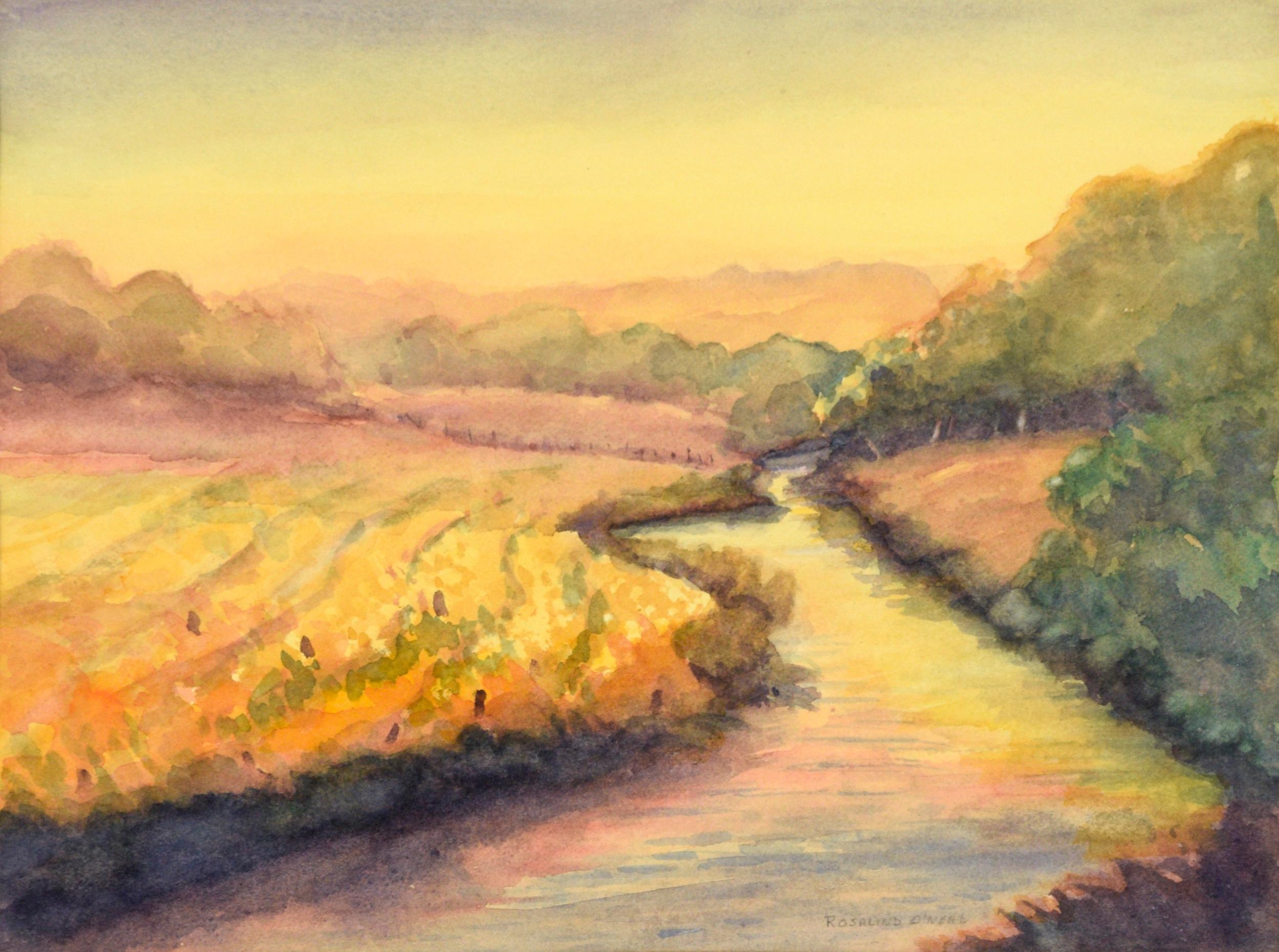 Golden Hour at the River (Gold Hour at the River) - paysage à l'aquarelle sur papier - Art de Rosalind O'Neal