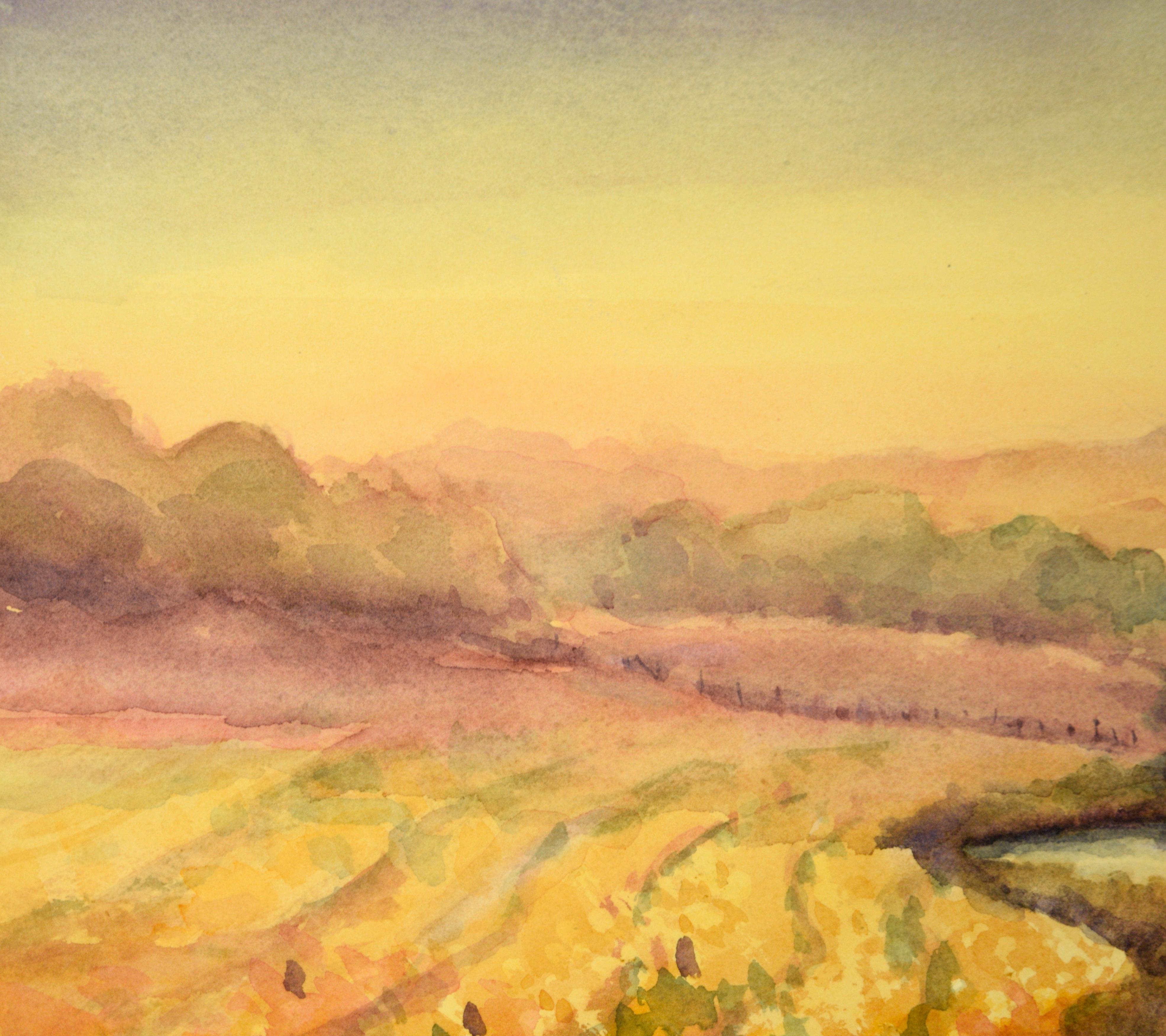 Golden Hour at the River - Watercolor Landscape on Paper - American Impressionist Art by Rosalind O'Neal