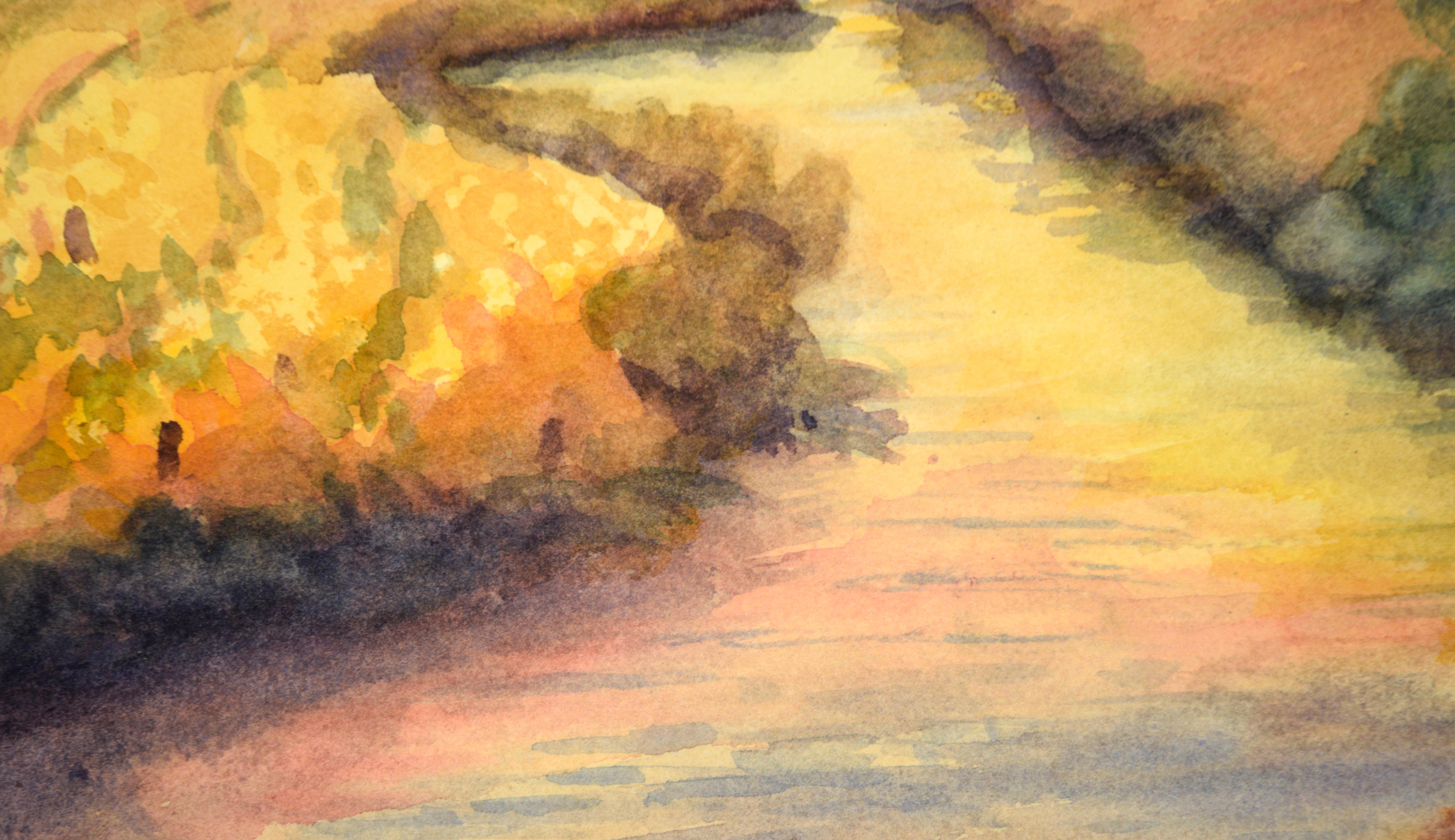 Golden Hour at the River (Gold Hour at the River) - paysage à l'aquarelle sur papier en vente 1