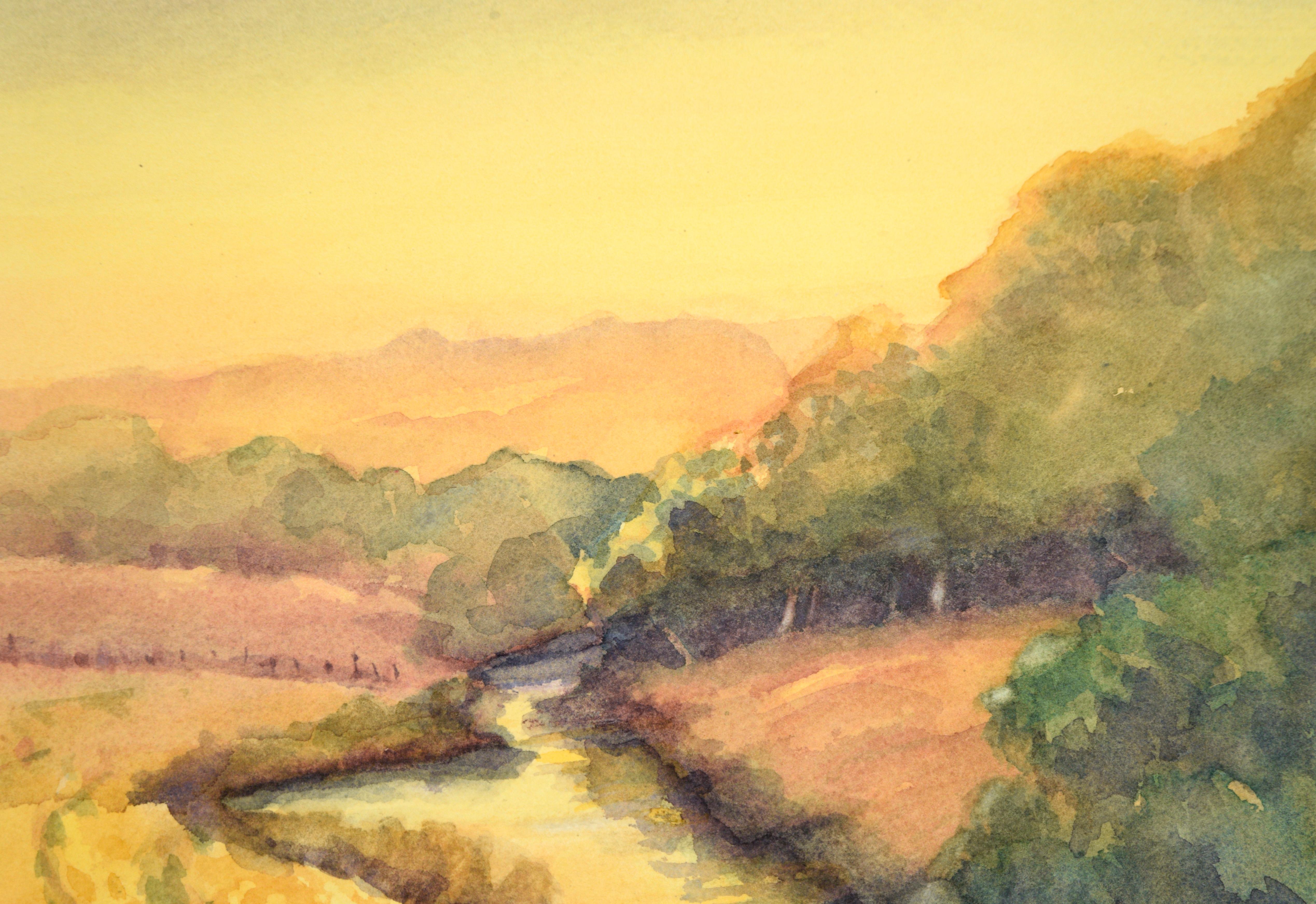 Golden Hour at the River (Gold Hour at the River) - paysage à l'aquarelle sur papier - Beige Landscape Art par Rosalind O'Neal