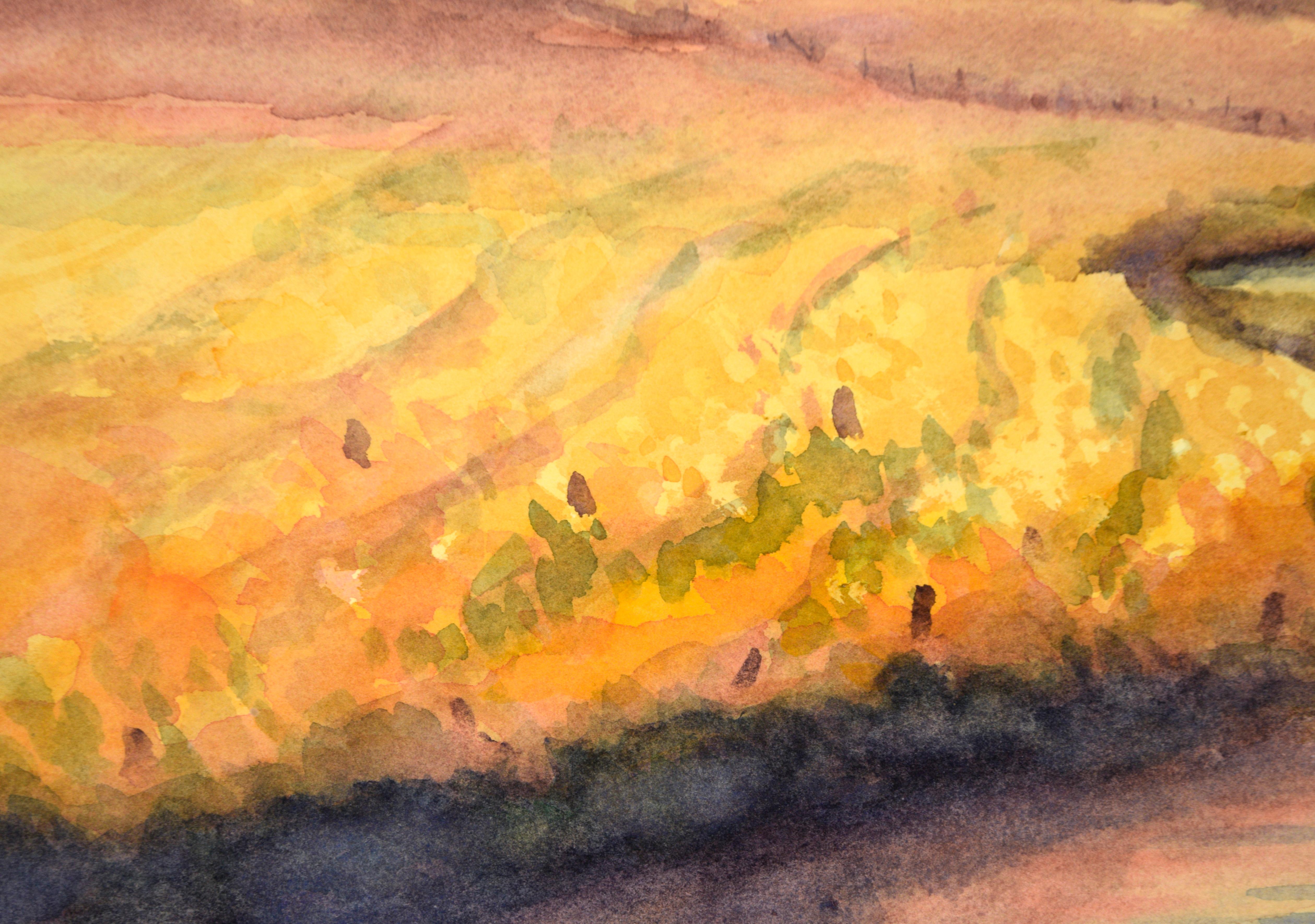 Golden Hour at the River - Watercolor Landscape on Paper

Glowing sunset landscape by Rosalind O'Neal (American, b. 1927). A river winds winds towards the viewer, reflecting the glowing sunset. On the left bank, there are rows of crops in yellow and
